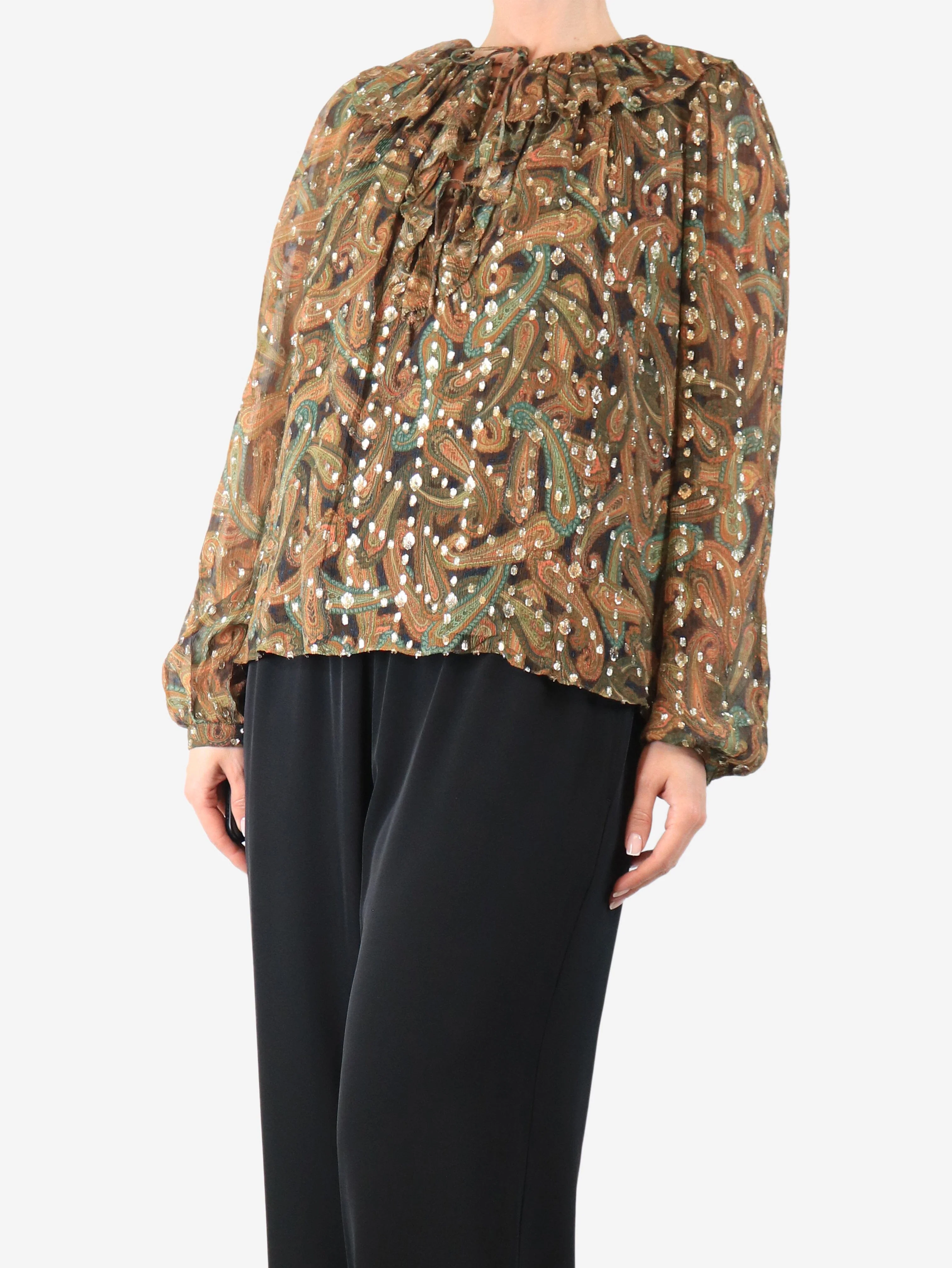 Brown Emilie paisley ruffle blouse - size UK 10 - Image 3