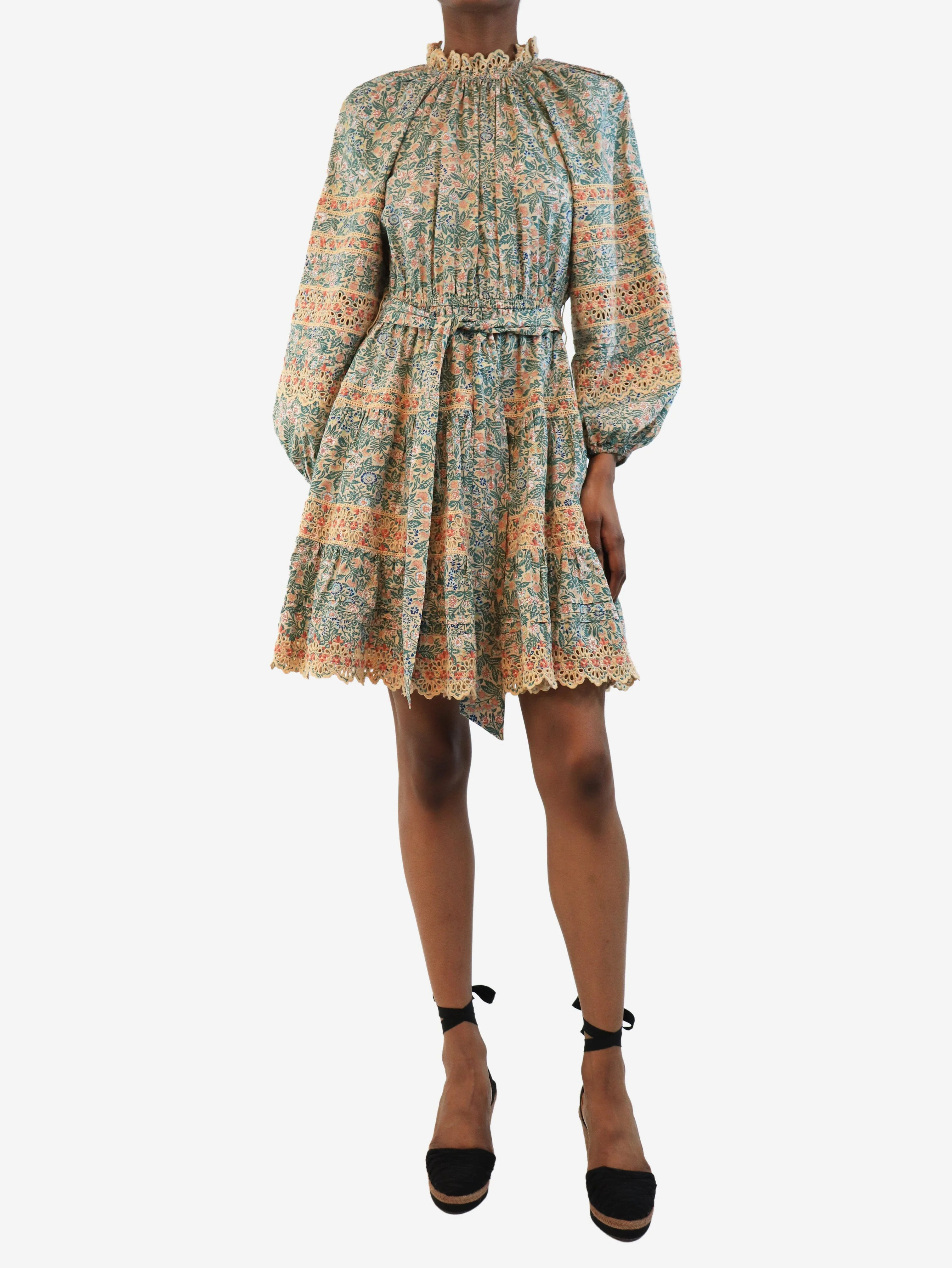 Green belted floral mini dress - size UK 6