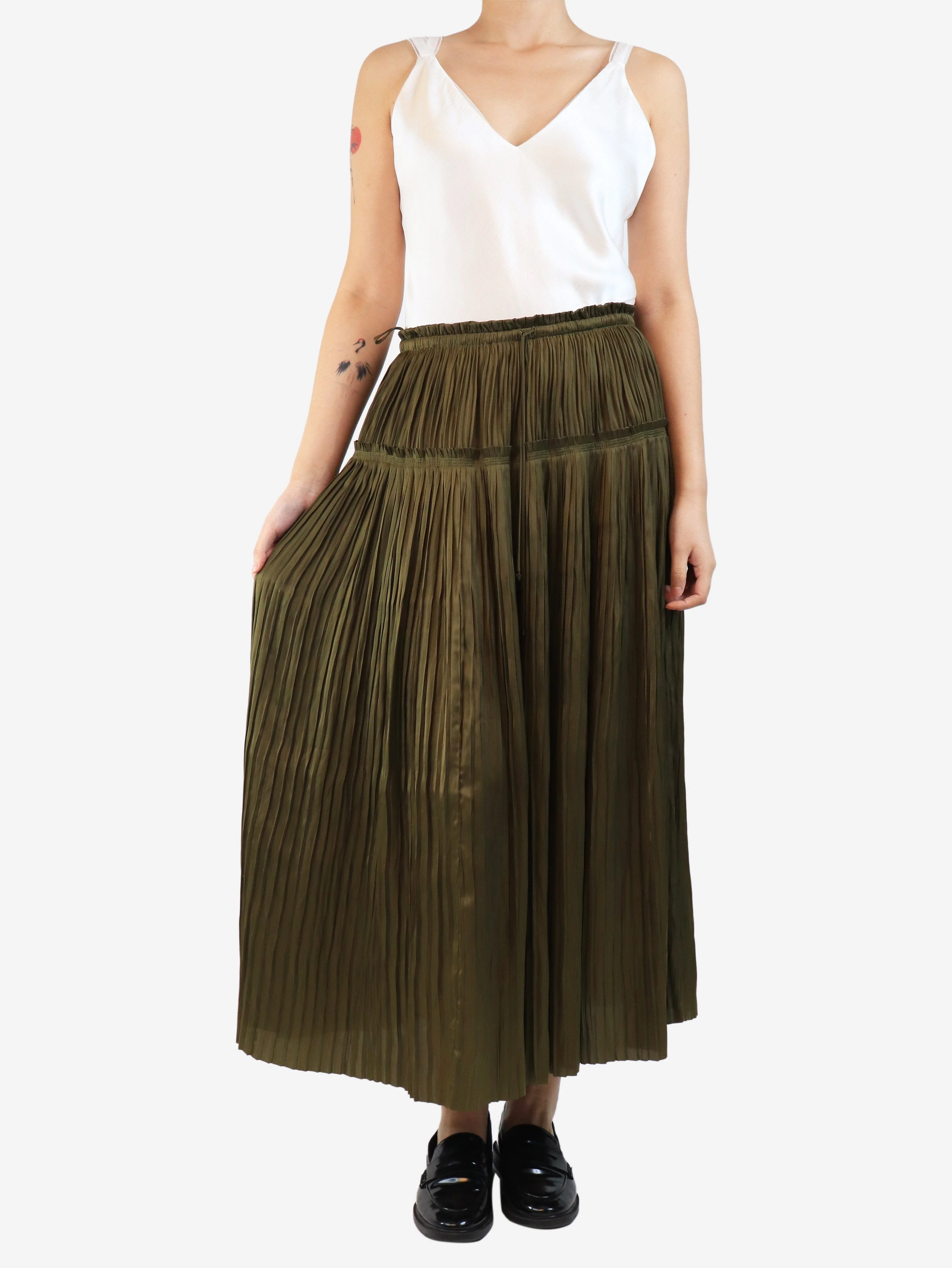 Khaki satin pleated midi skirt - size UK 10 - Image 2
