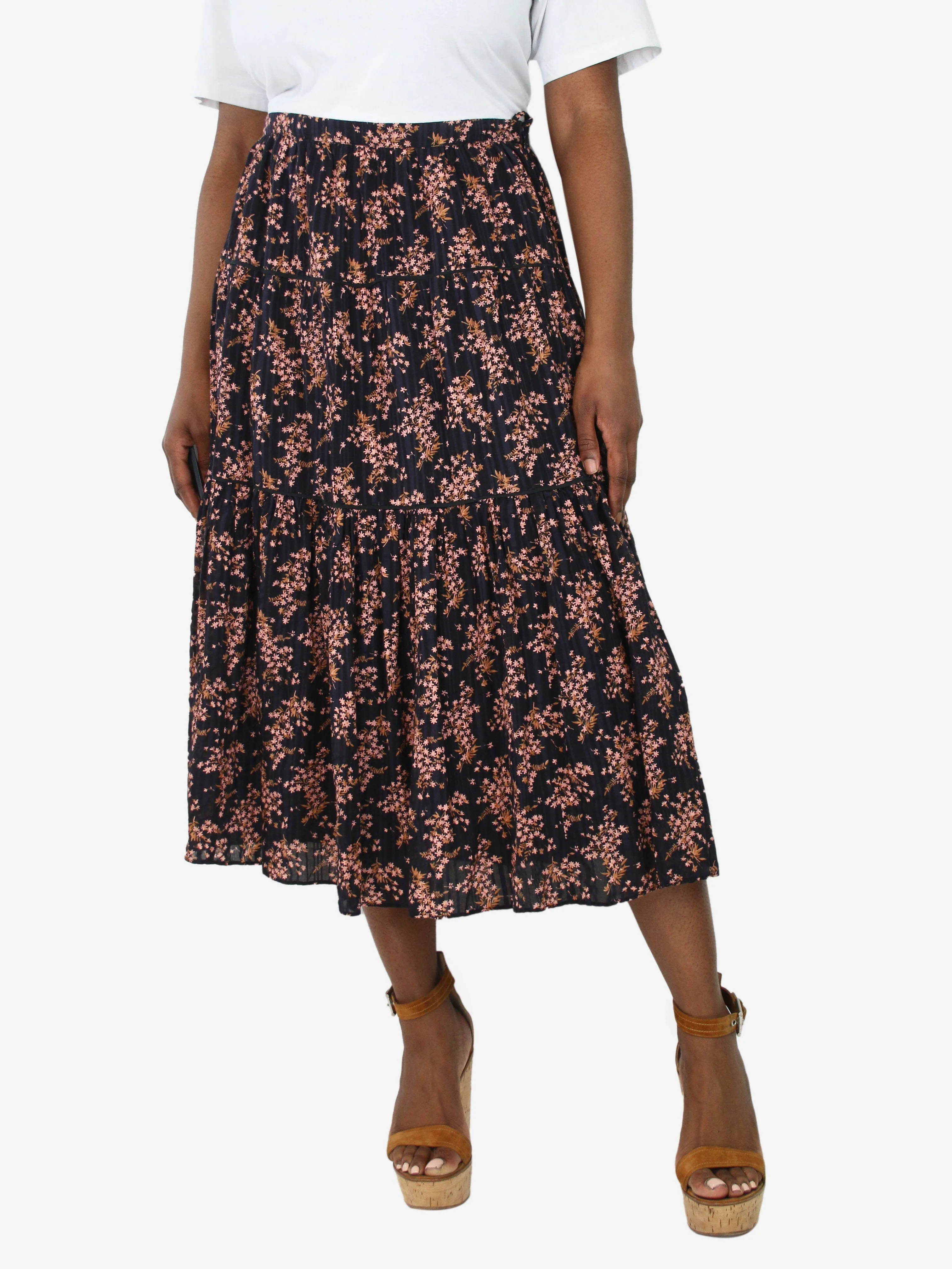 Navy blue floral tiered midi skirt - size UK 14