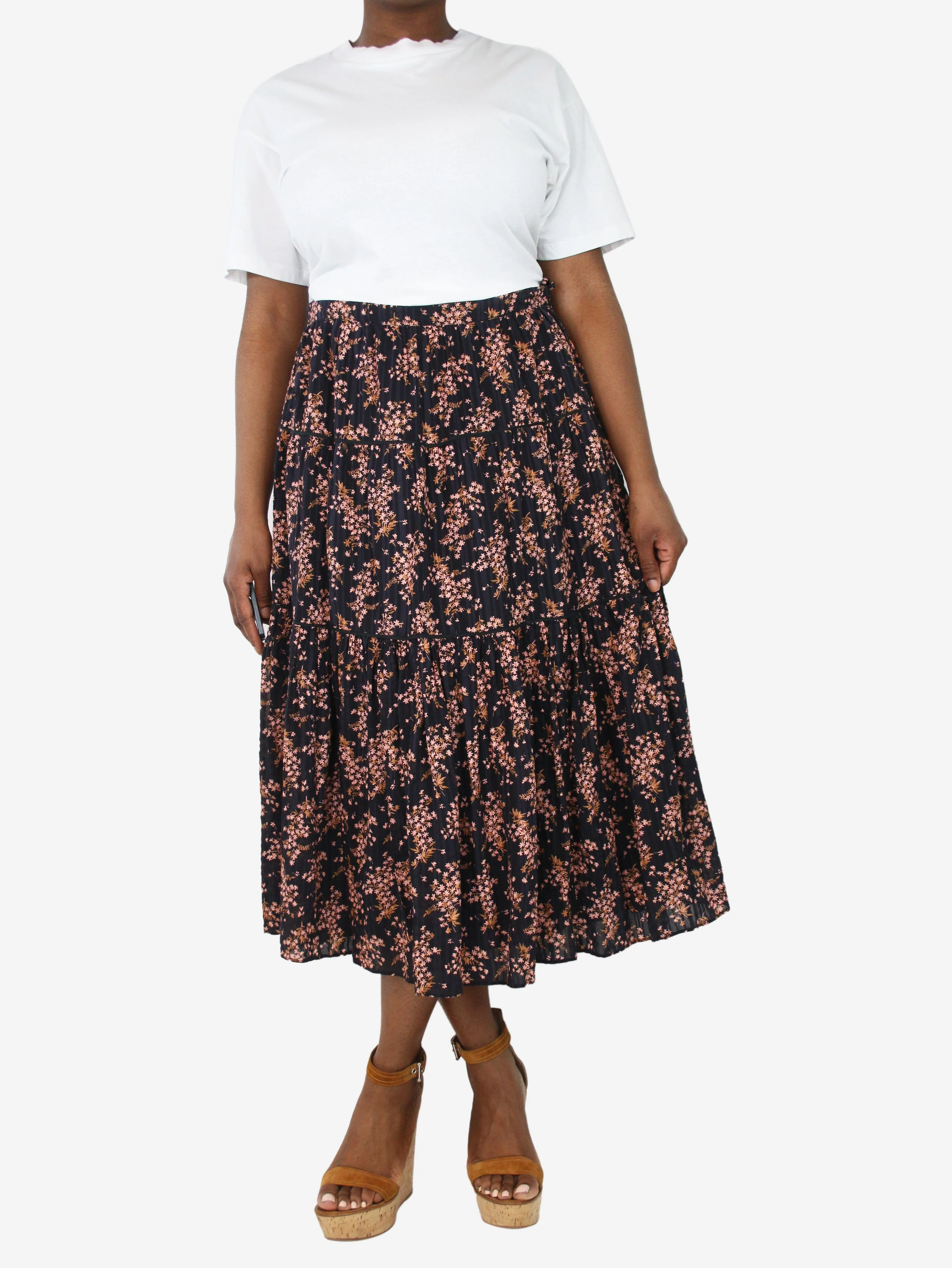 Navy blue floral tiered midi skirt - size UK 14 - Image 2