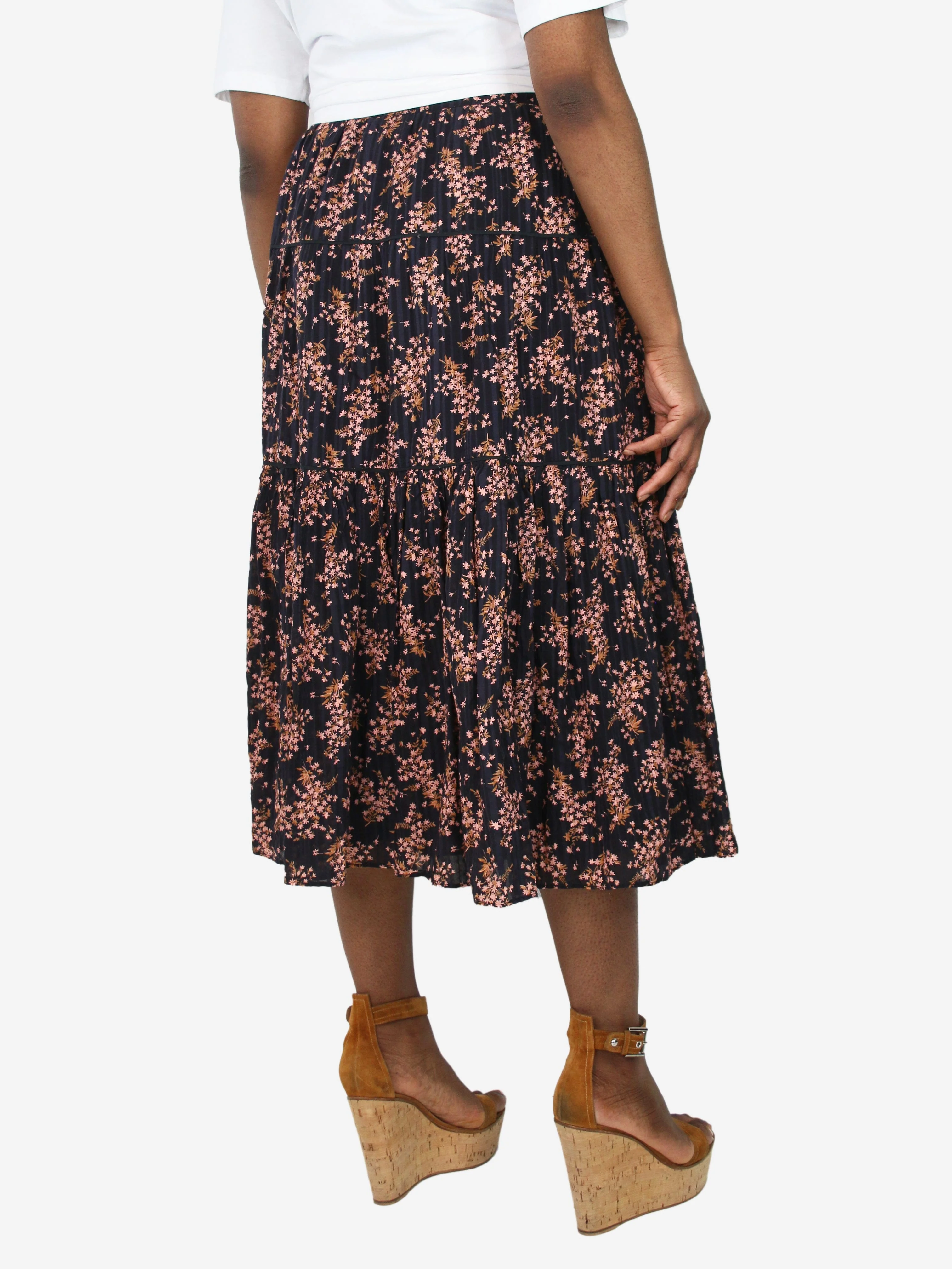 Navy blue floral tiered midi skirt - size UK 14 - Image 3