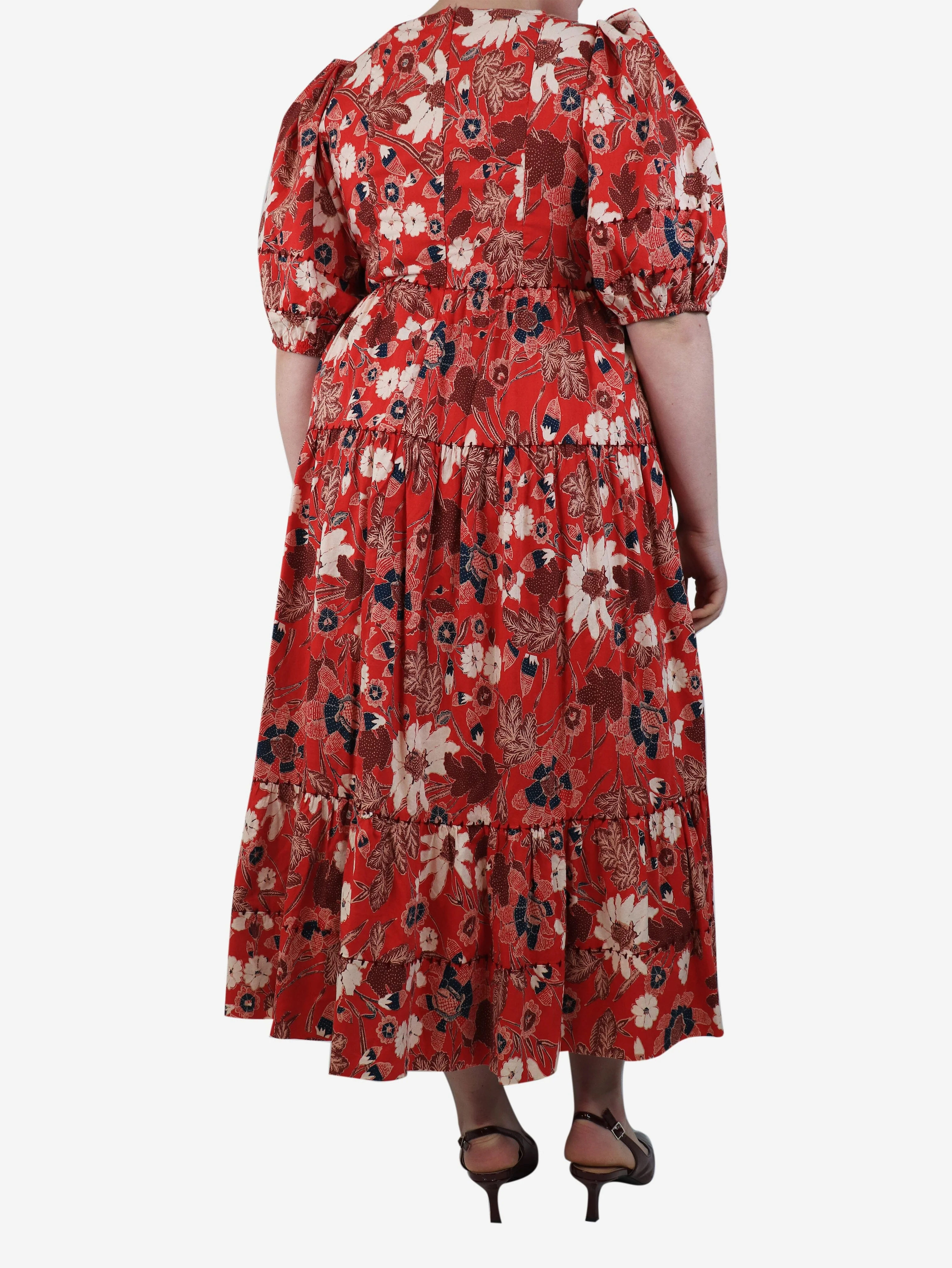 Red Nora gathered floral midi dress - size UK 16 - Image 2