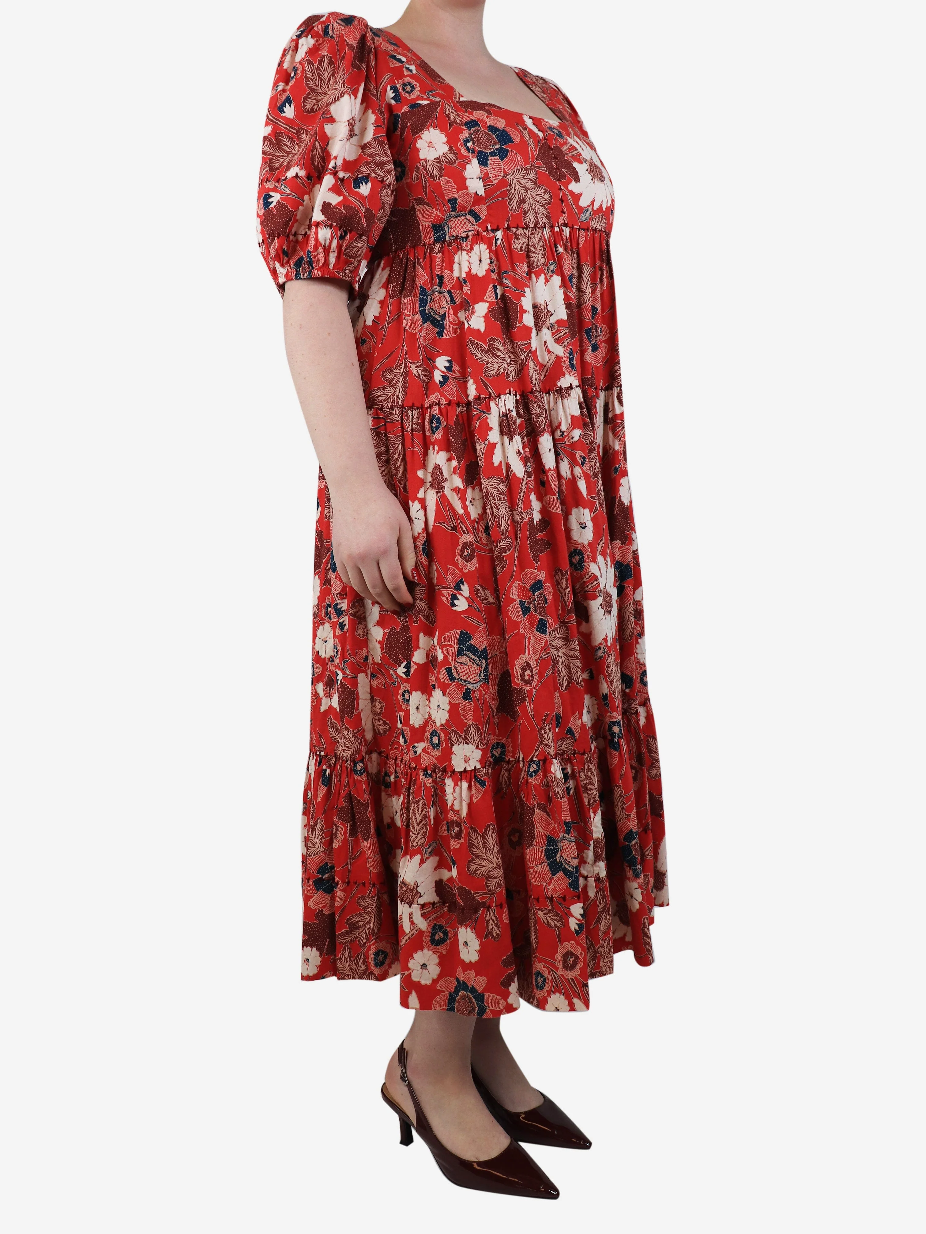 Red Nora gathered floral midi dress - size UK 16 - Image 3