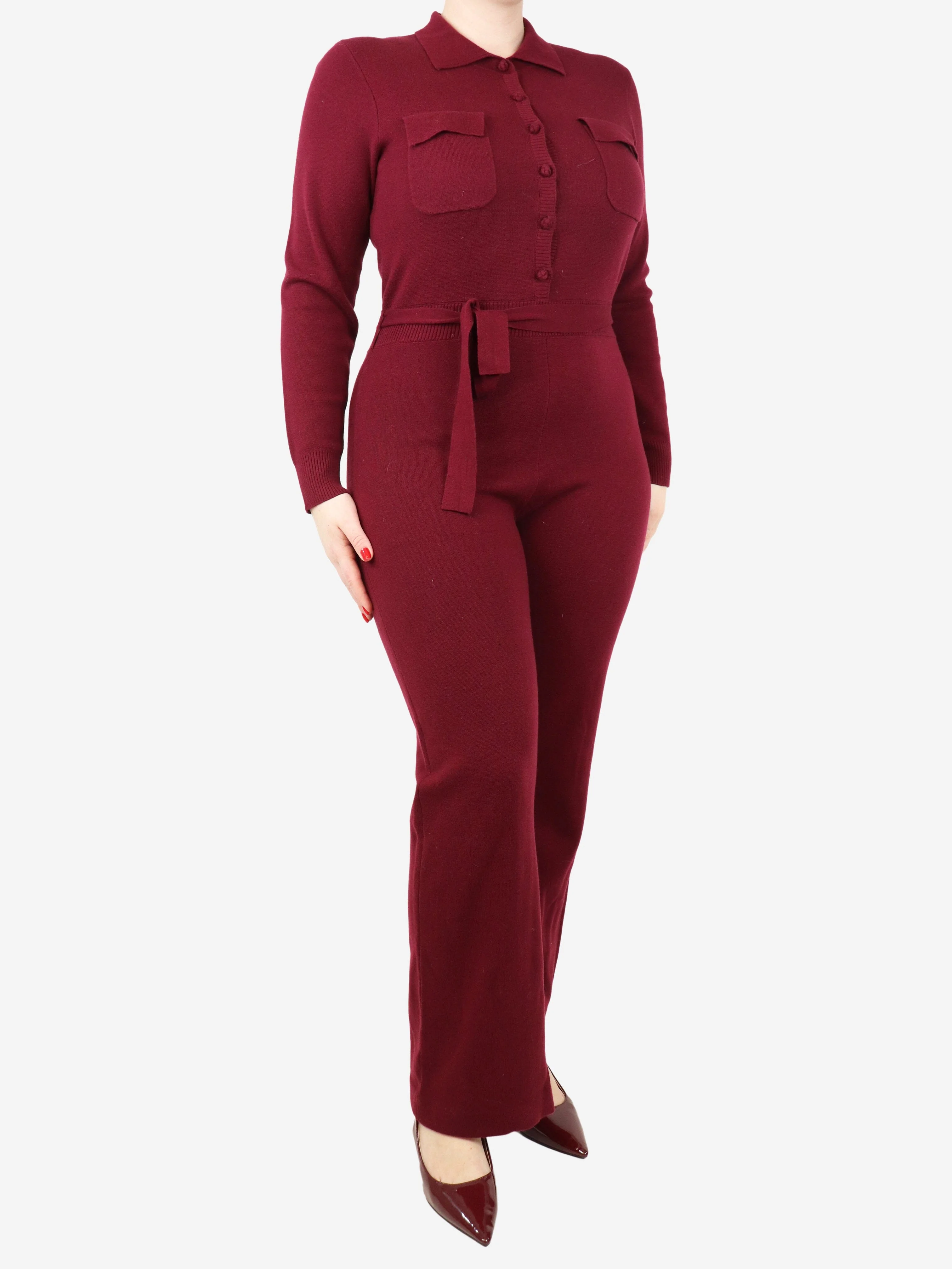 Dark red belted knit jumpsuit - size L