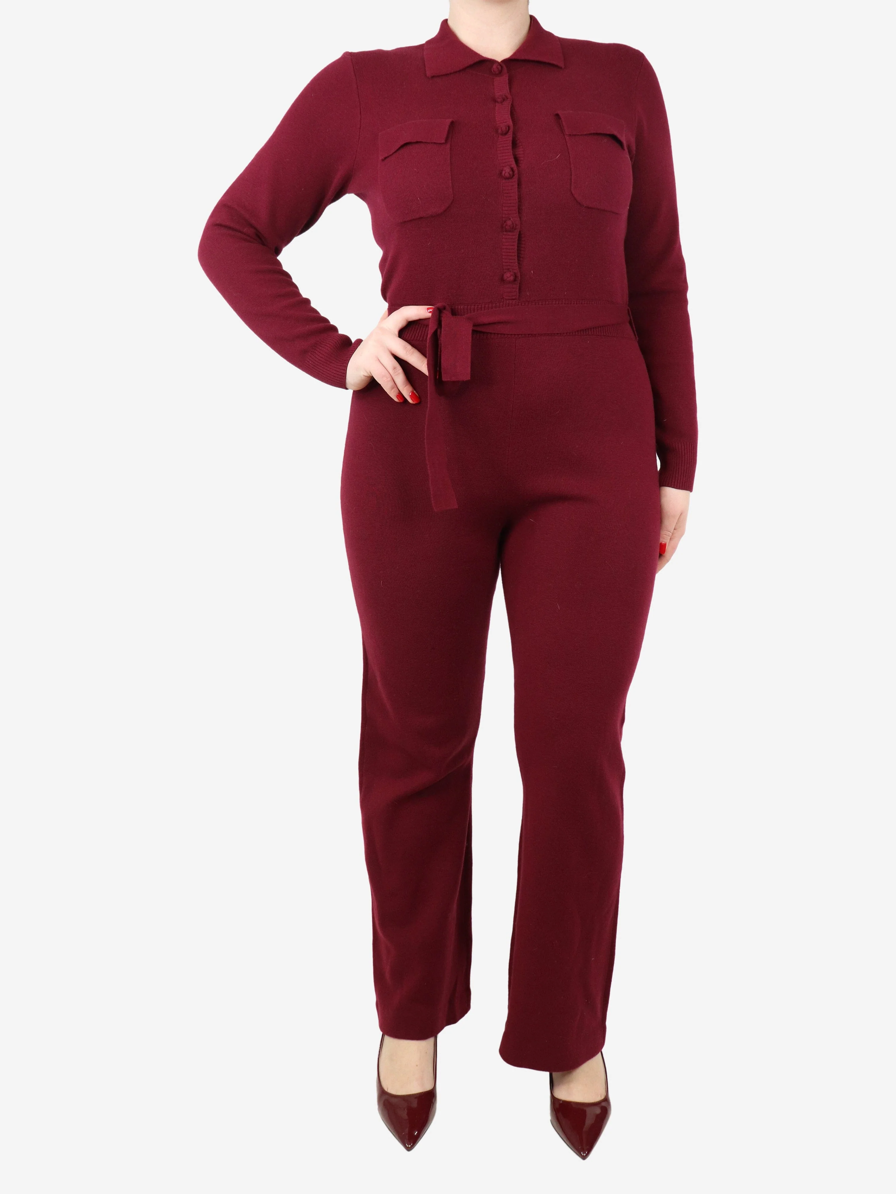 Dark red belted knit jumpsuit - size L - Image 3
