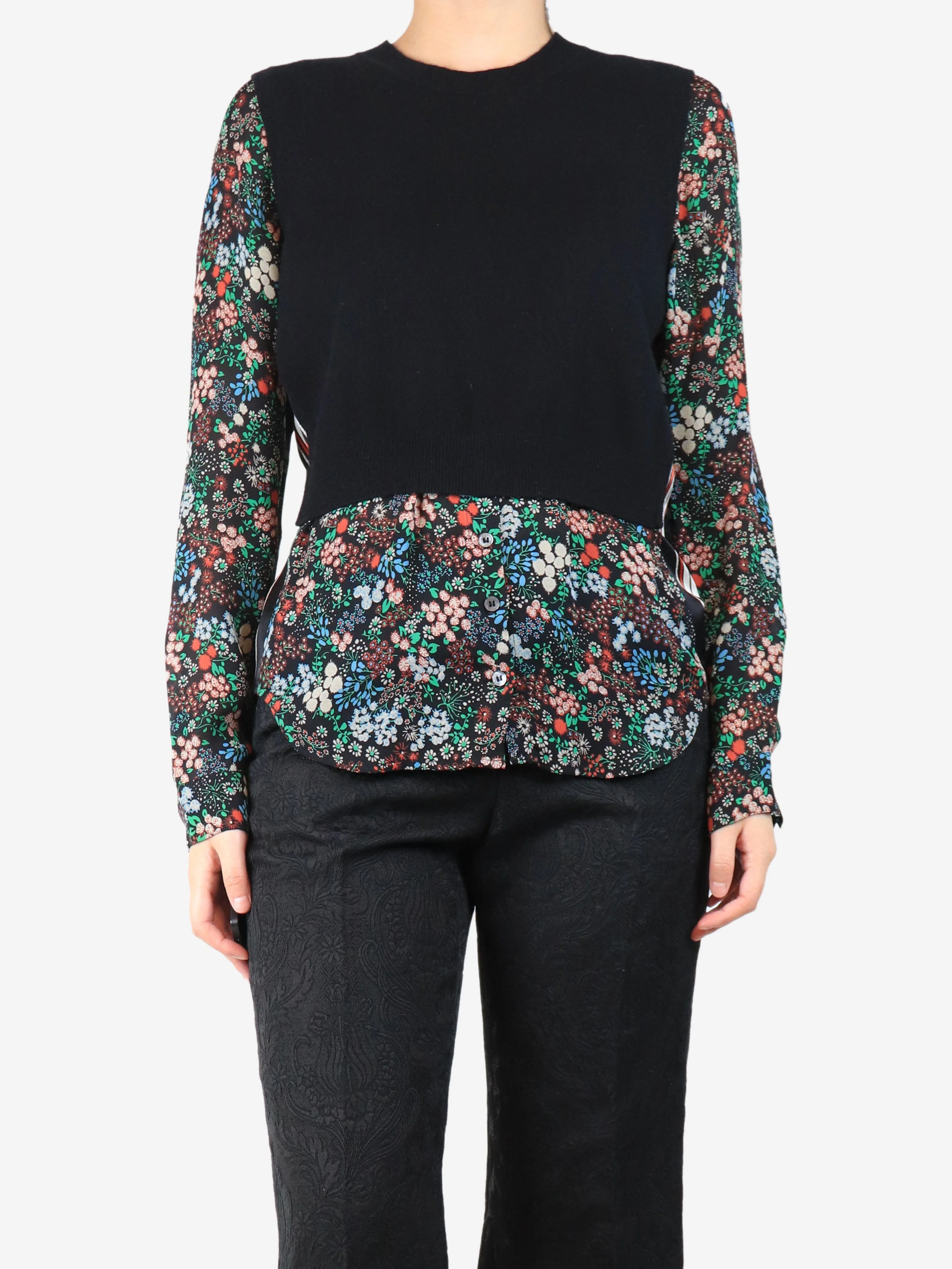Black cashmere and silk floral jumper - size M
