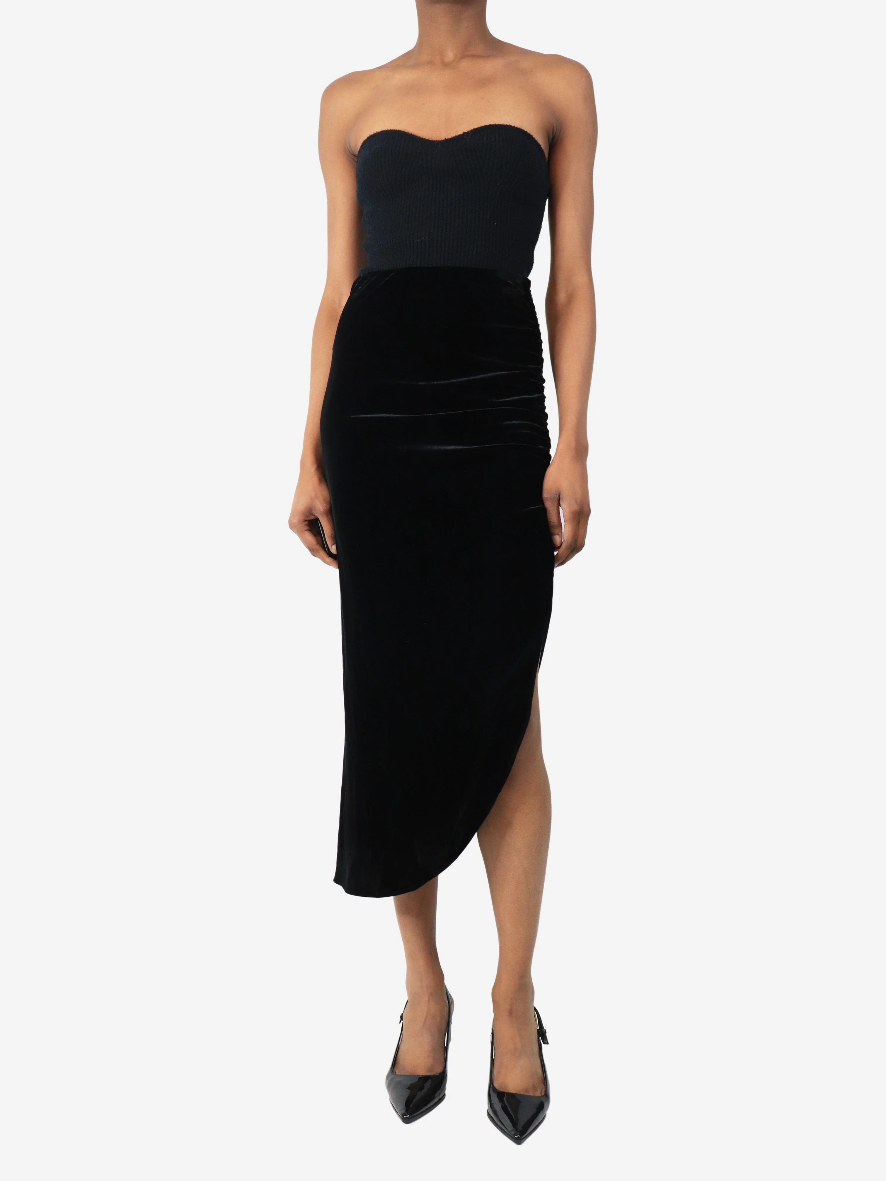 Black ruched velvet midi skirt - size UK 4 - Image 2