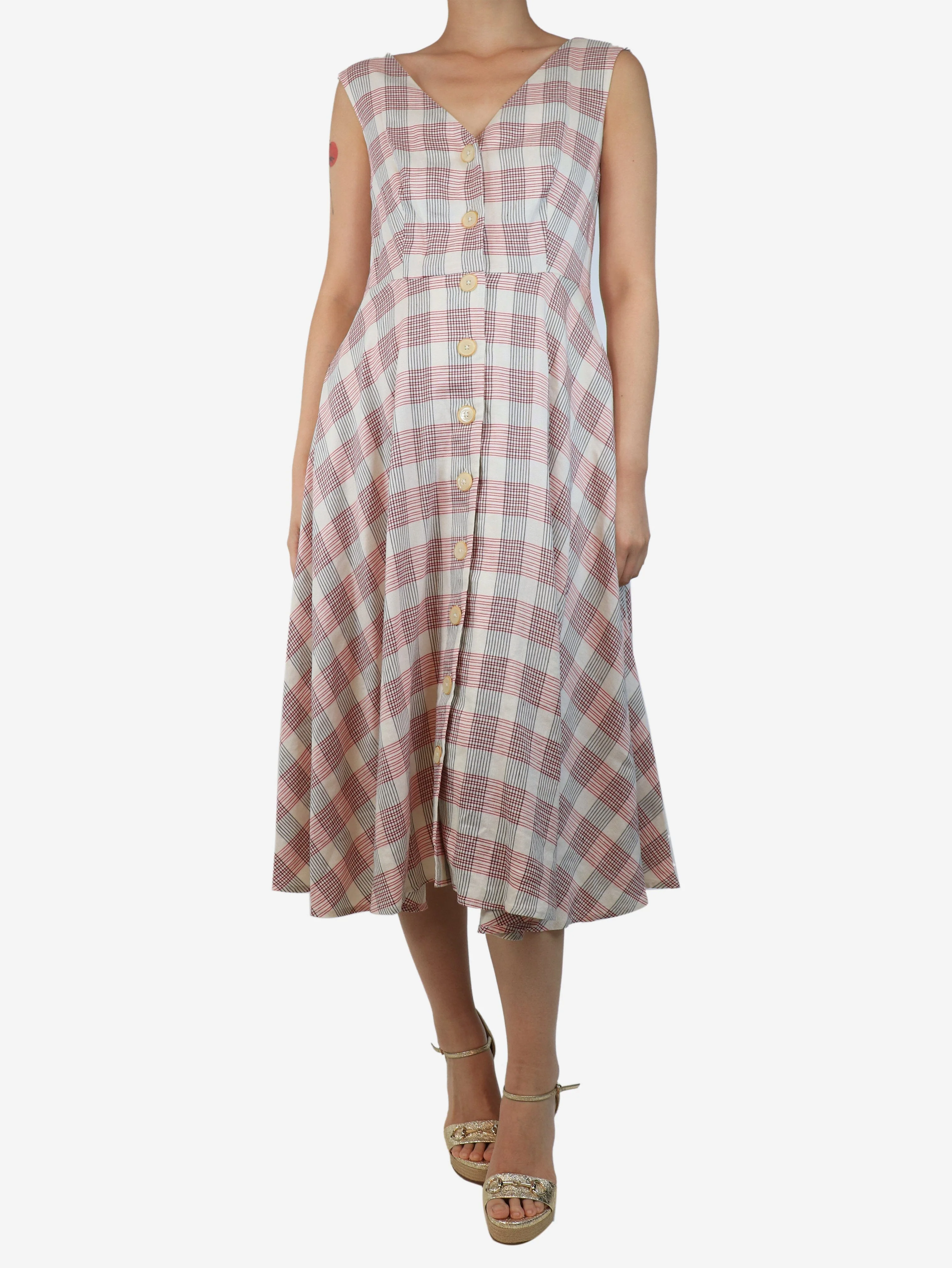 Cream and red plaid midi dress - size UK 12