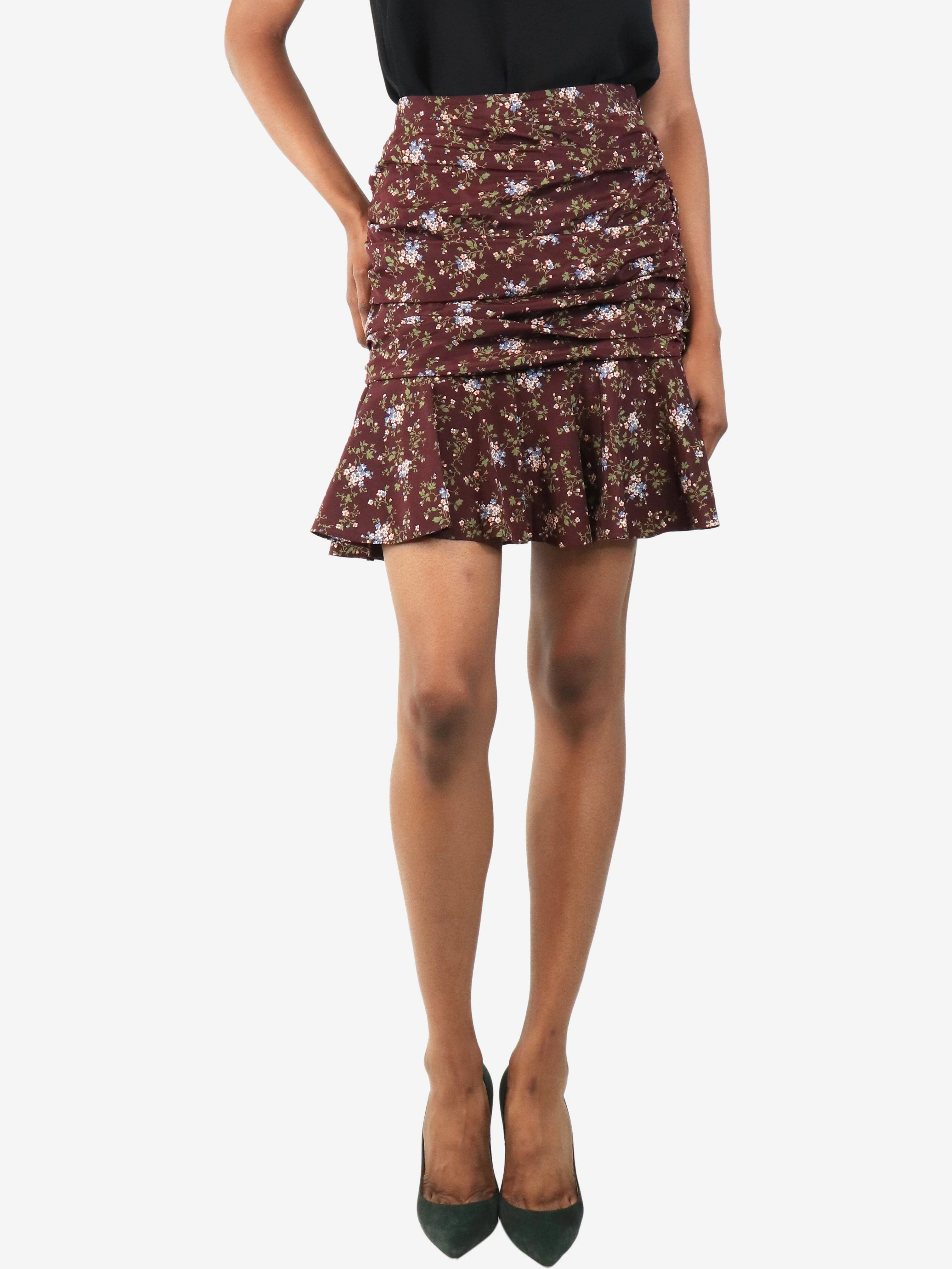 Plum ruched floral mini skirt - size UK 4