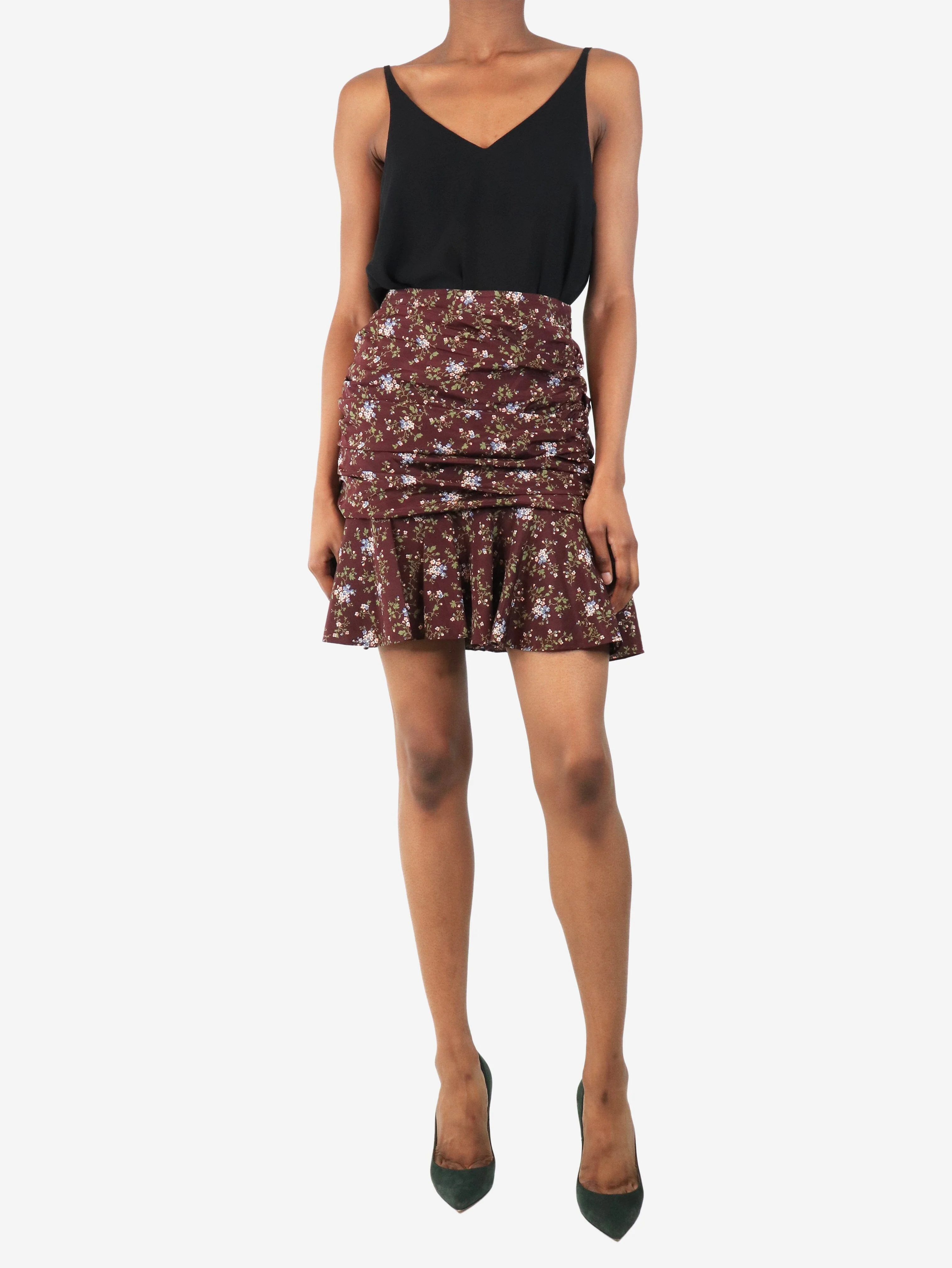 Plum ruched floral mini skirt - size UK 4 - Image 2