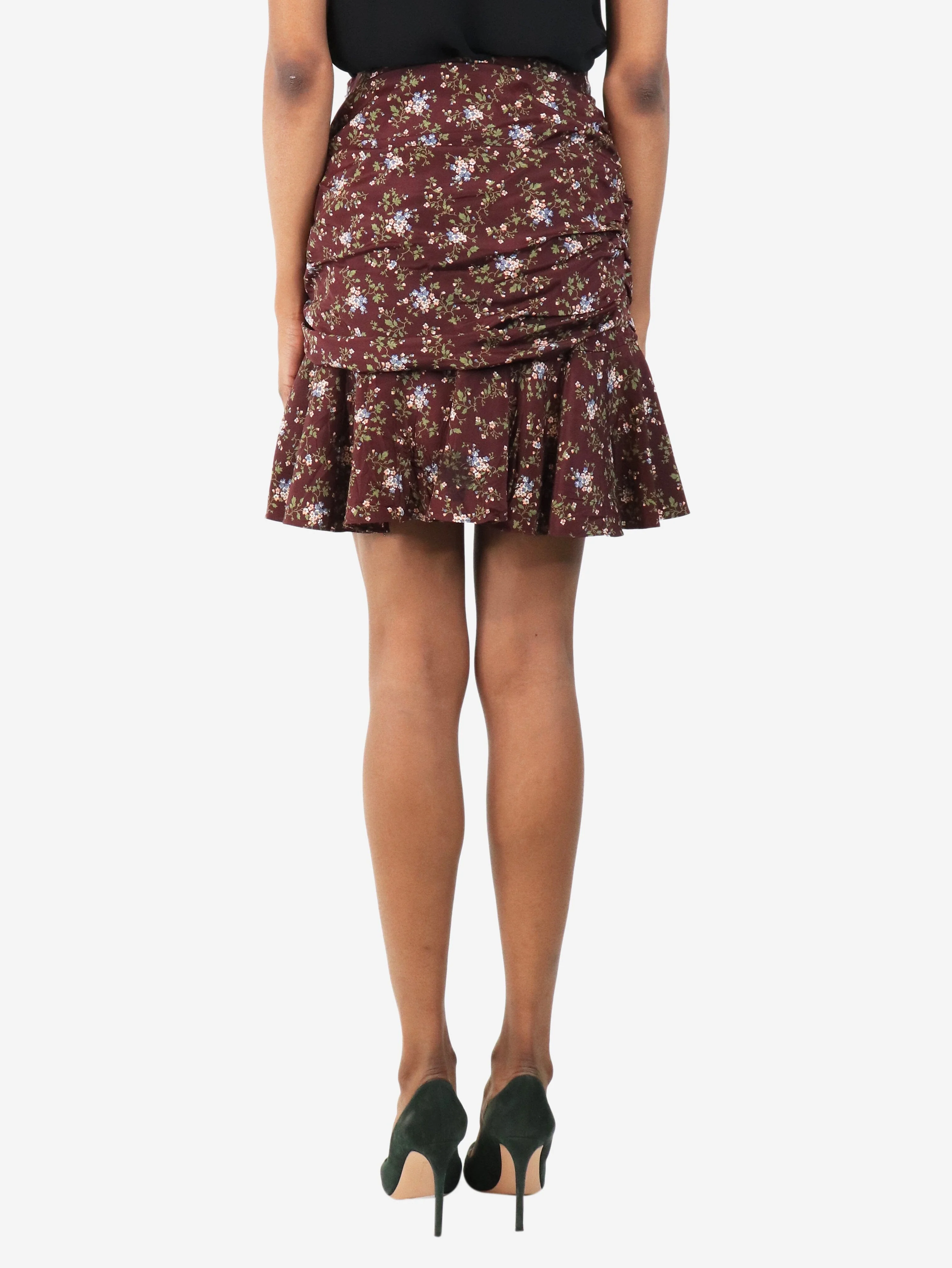 Plum ruched floral mini skirt - size UK 4 - Image 3