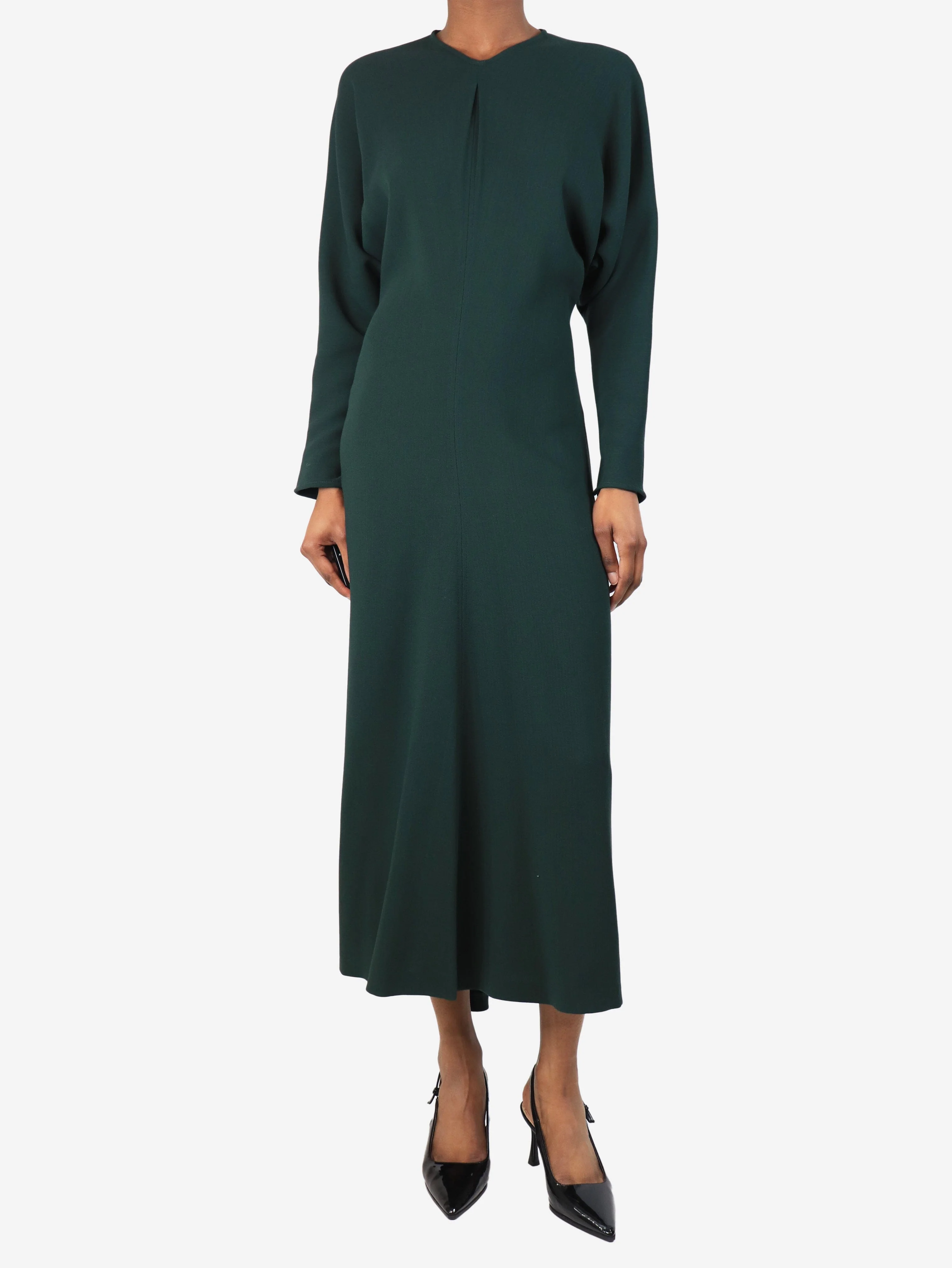 Dark green wool-blend crepe midi dress - size UK 6