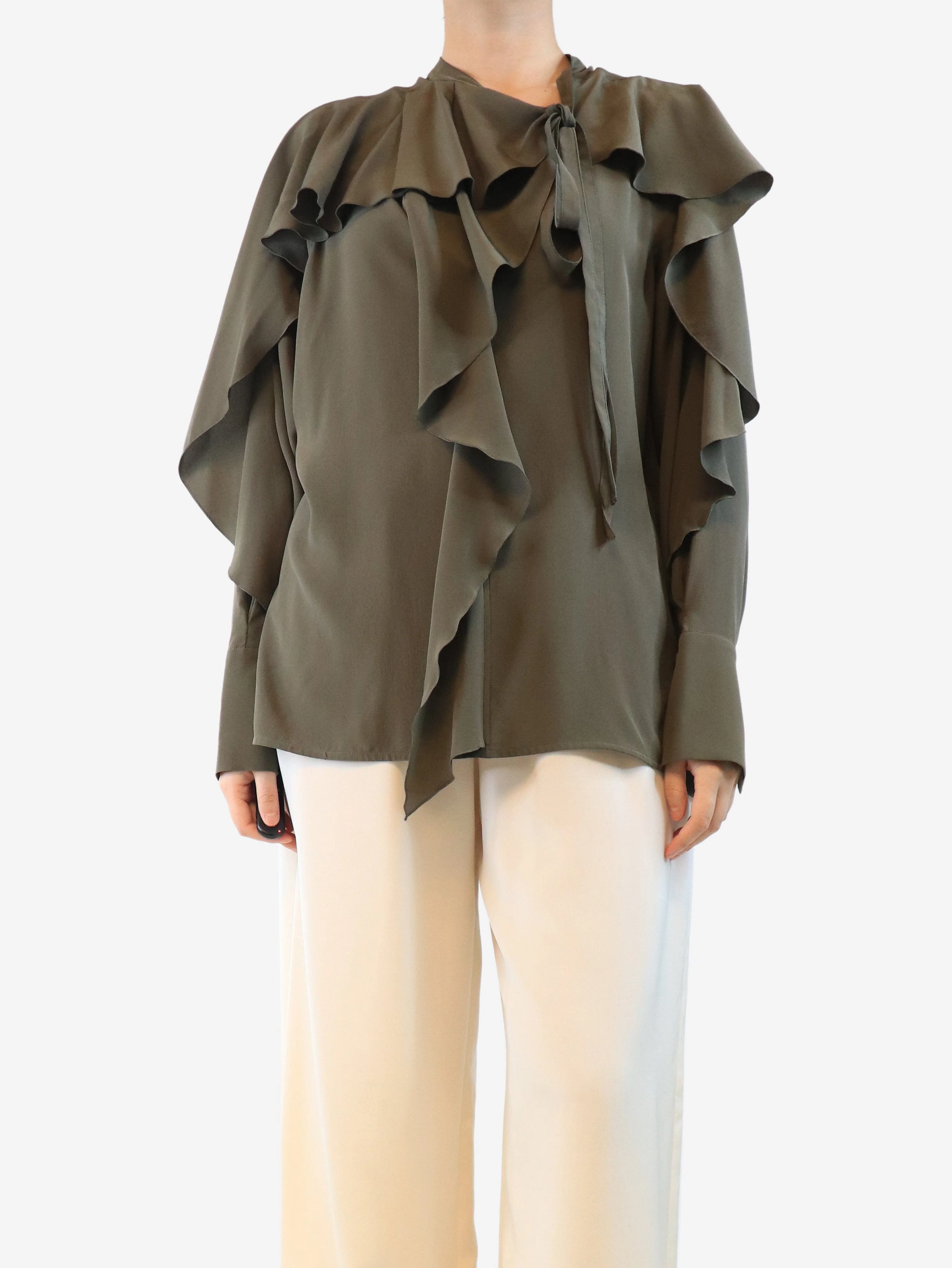 Khaki silk frill blouse - size UK 10