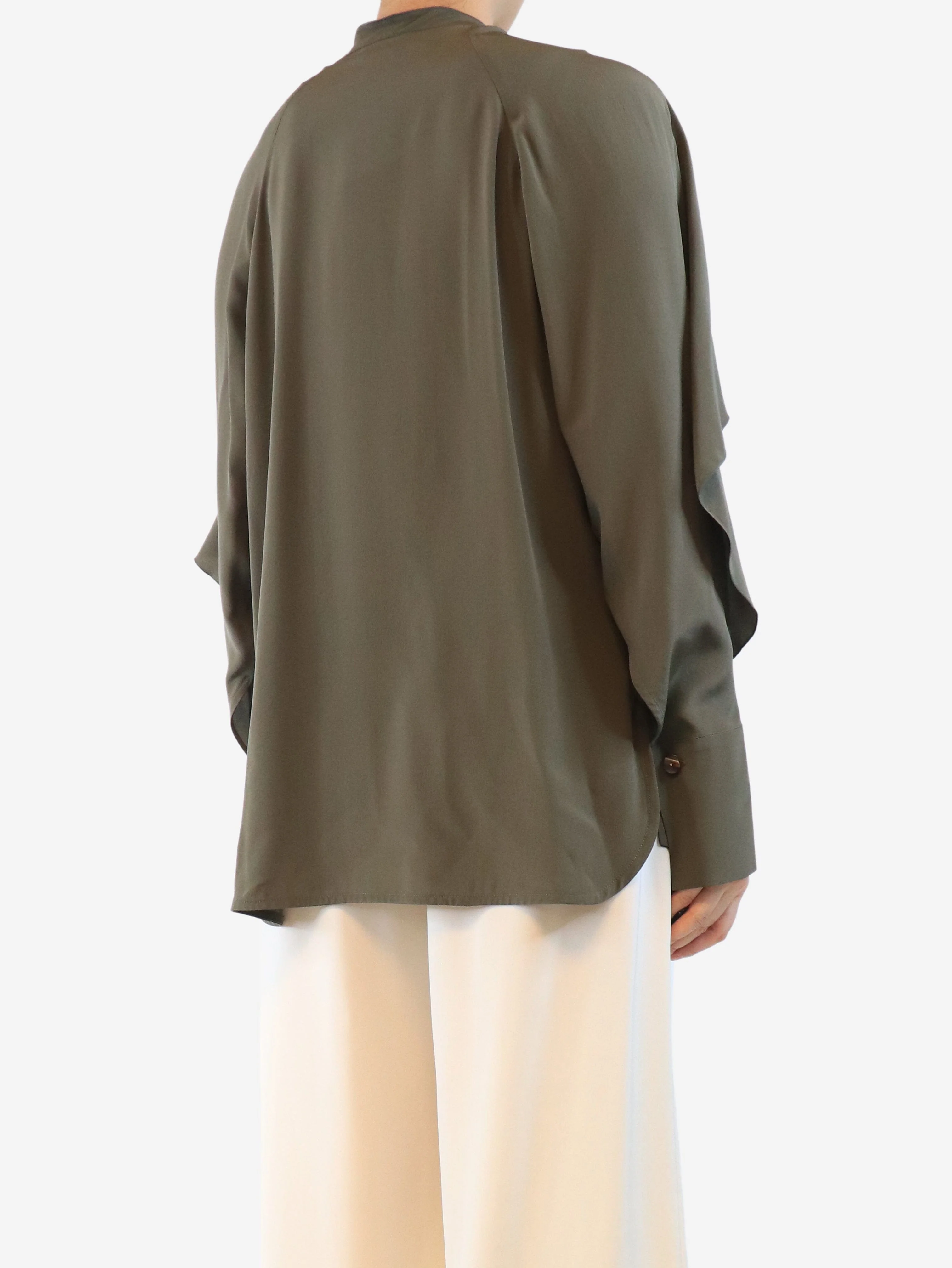 Khaki silk frill blouse - size UK 10 - Image 2