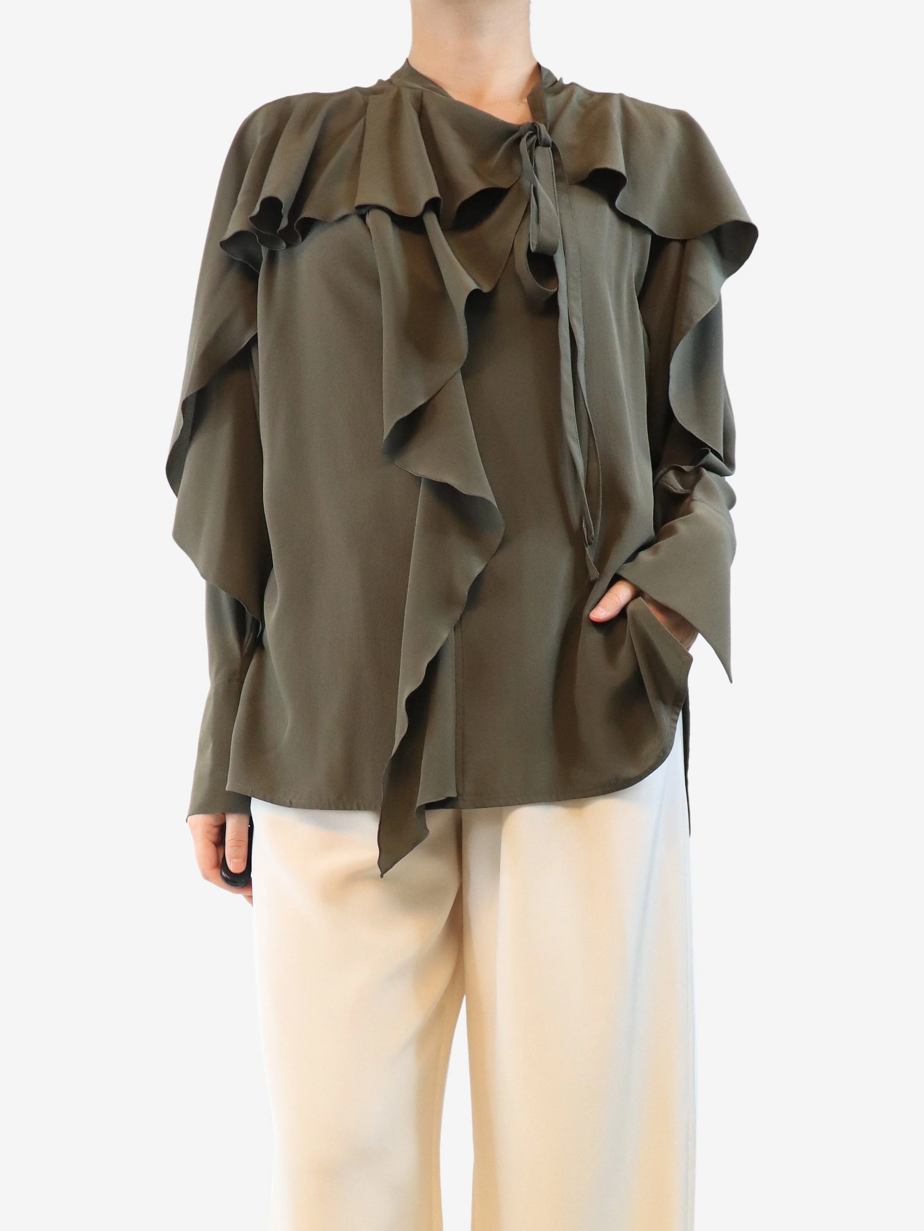 Khaki silk frill blouse - size UK 10 - Image 3