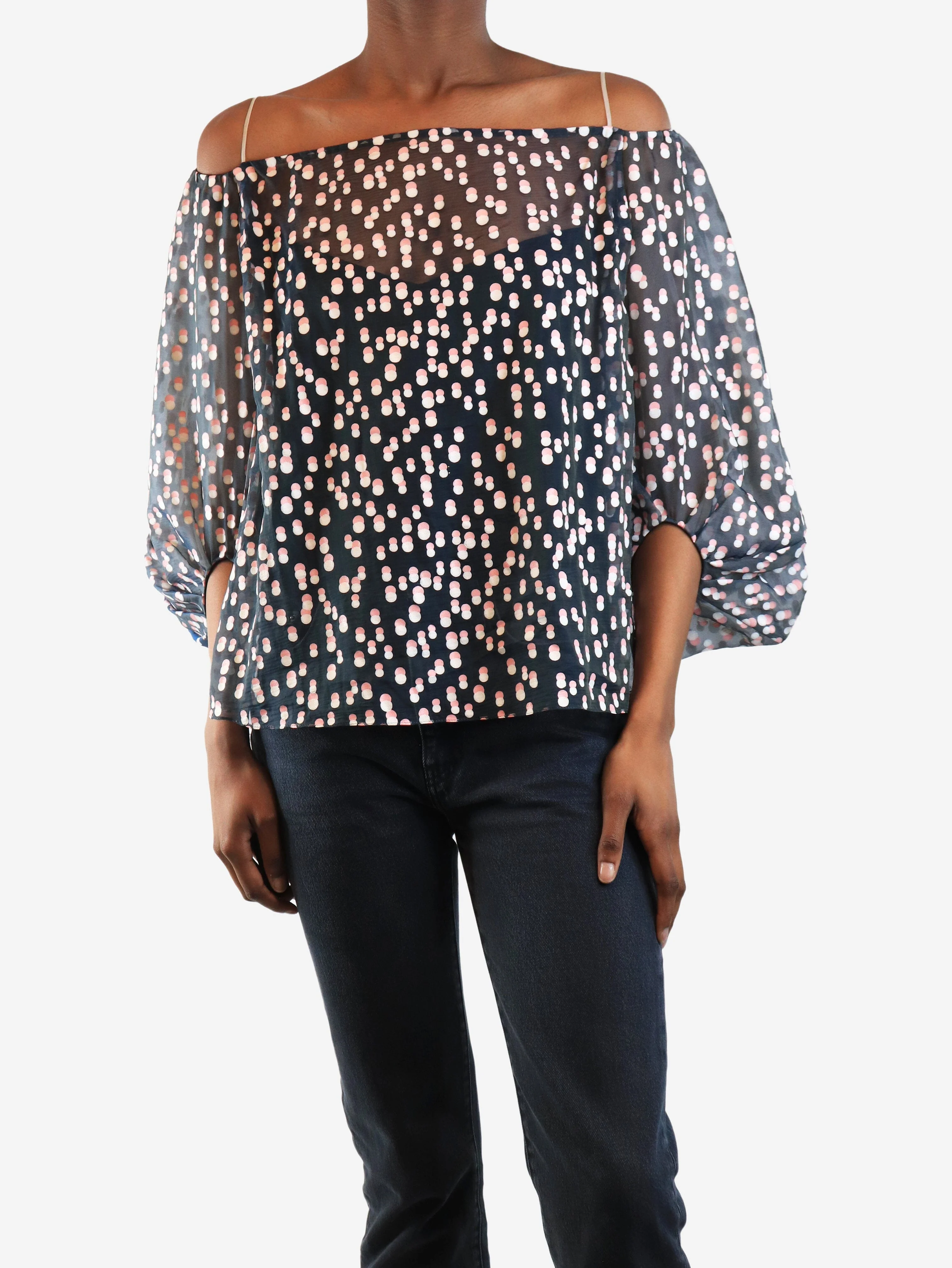 Dark blue sheer puff-sleeved organza top - size UK 8