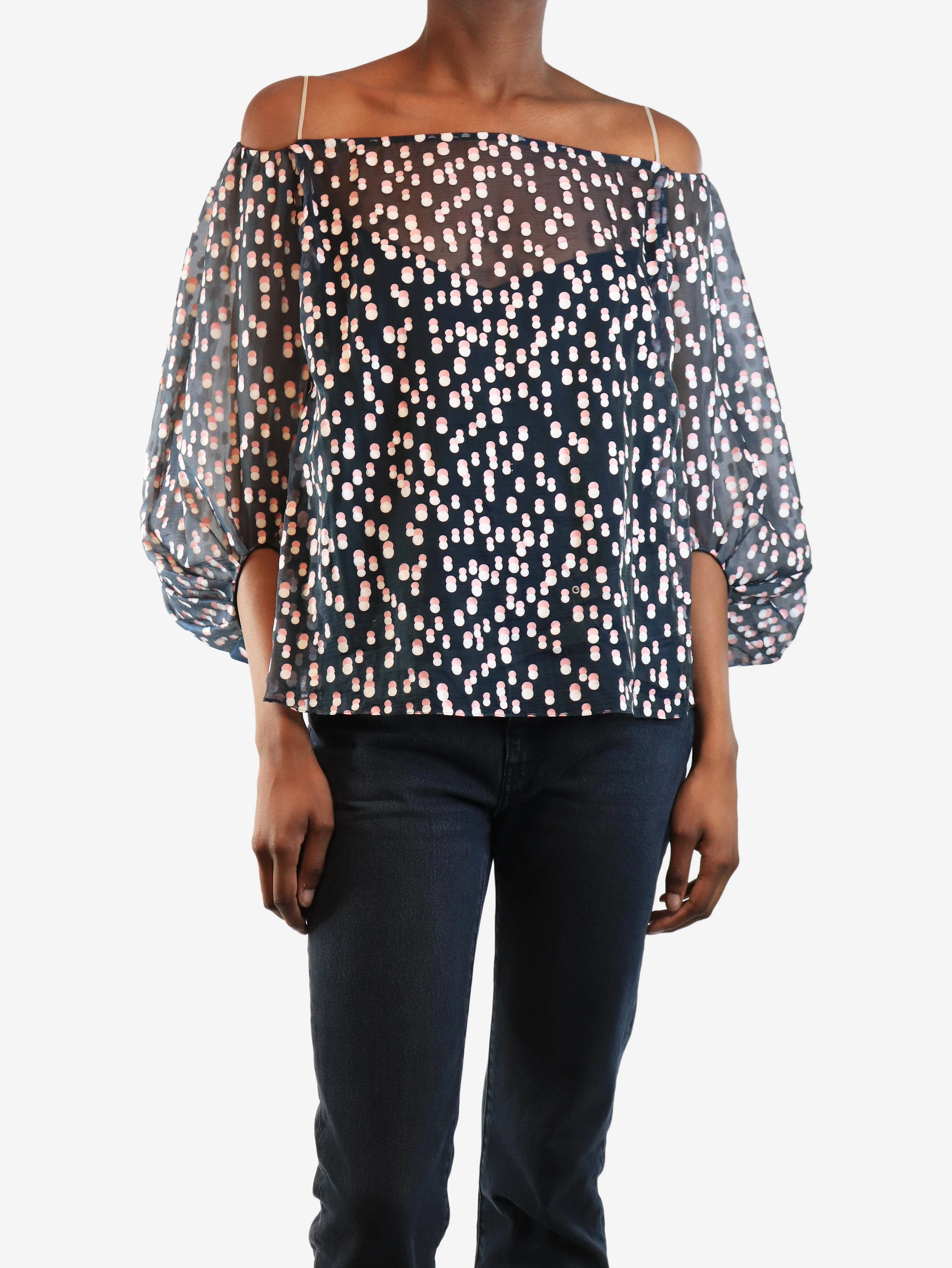 Dark blue sheer puff-sleeved organza top - size UK 8 - Image 2