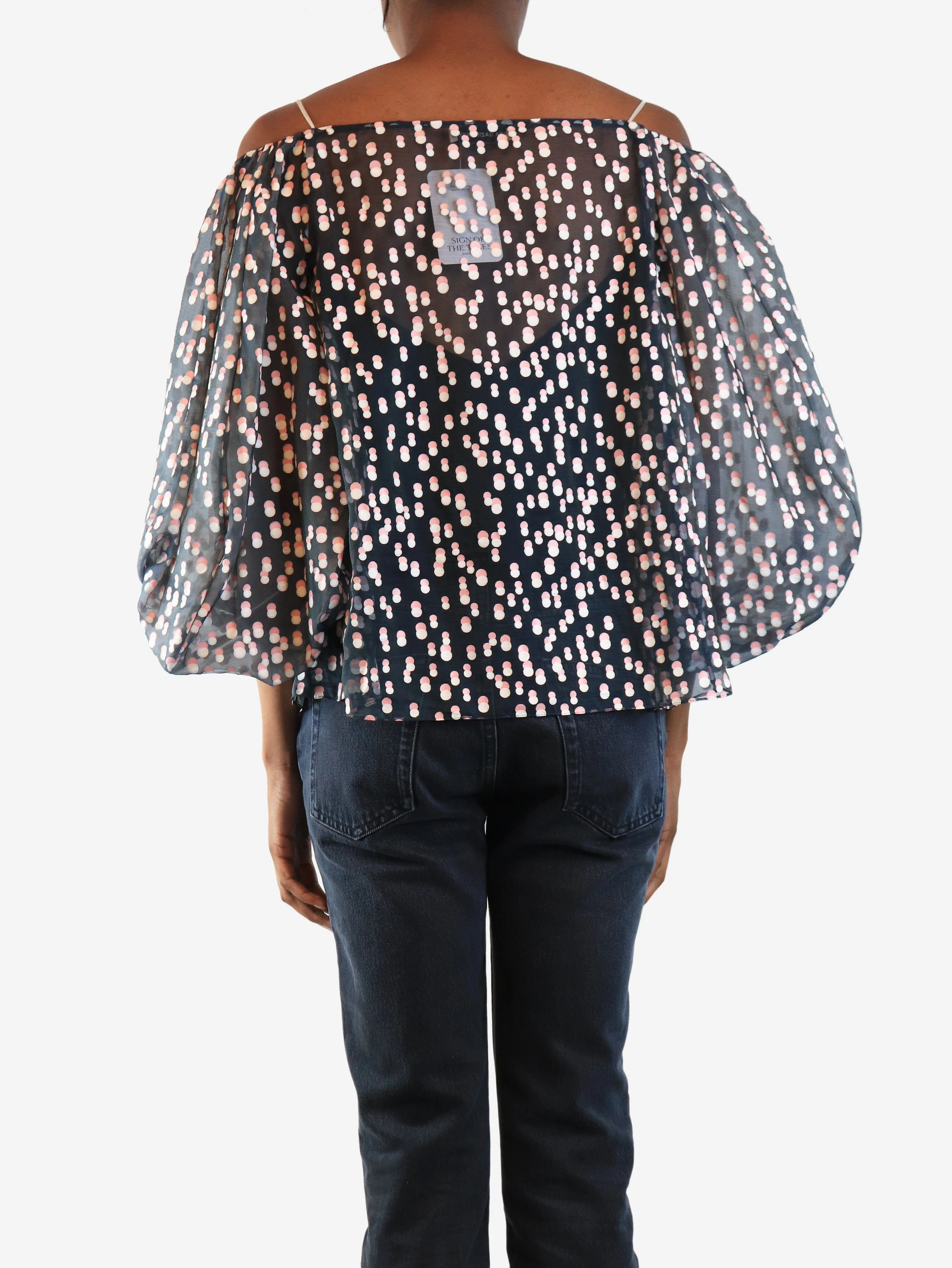 Dark blue sheer puff-sleeved organza top - size UK 8 - Image 3