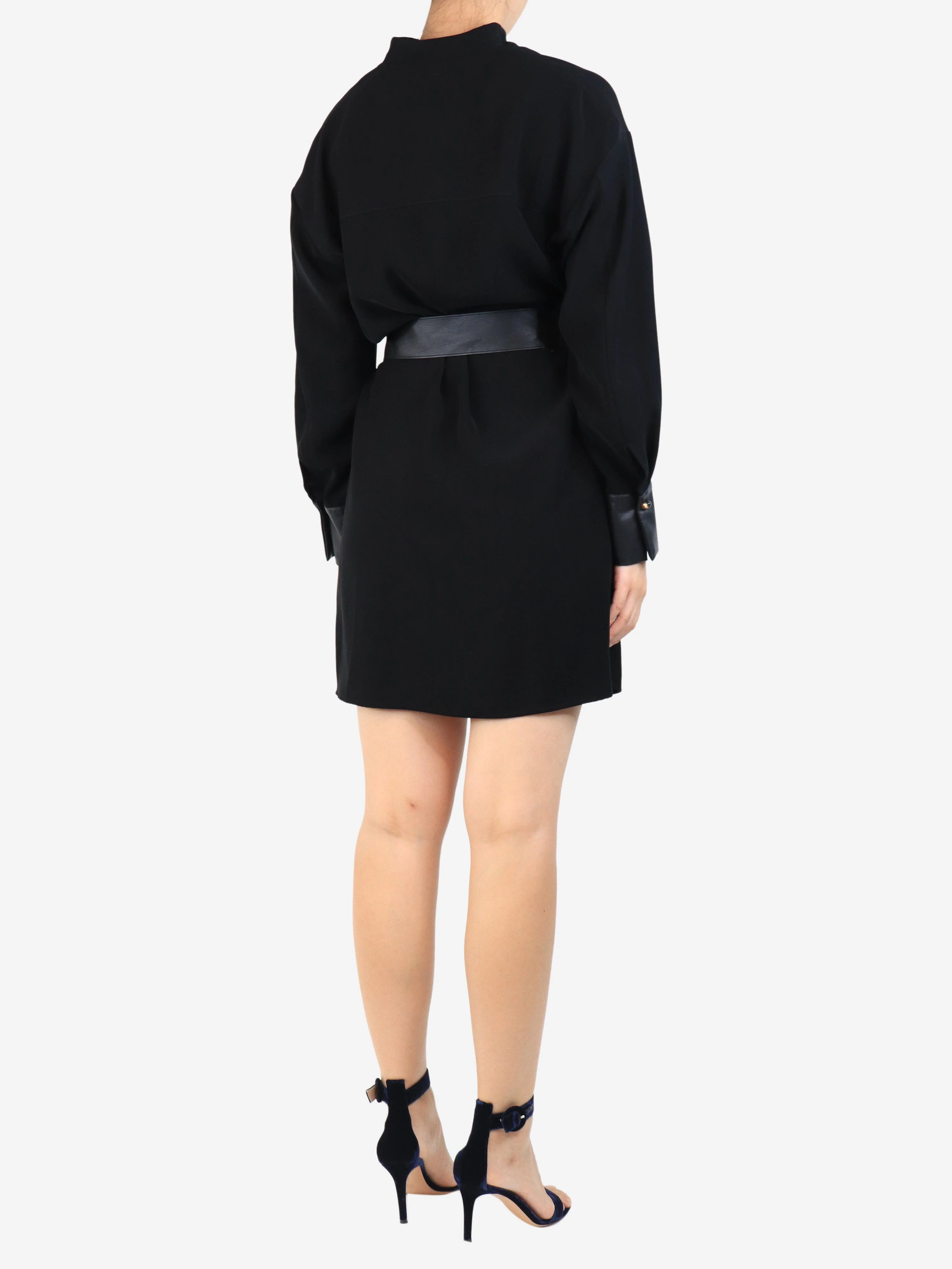 Black printed V-neck belted dress - size S - Image 2