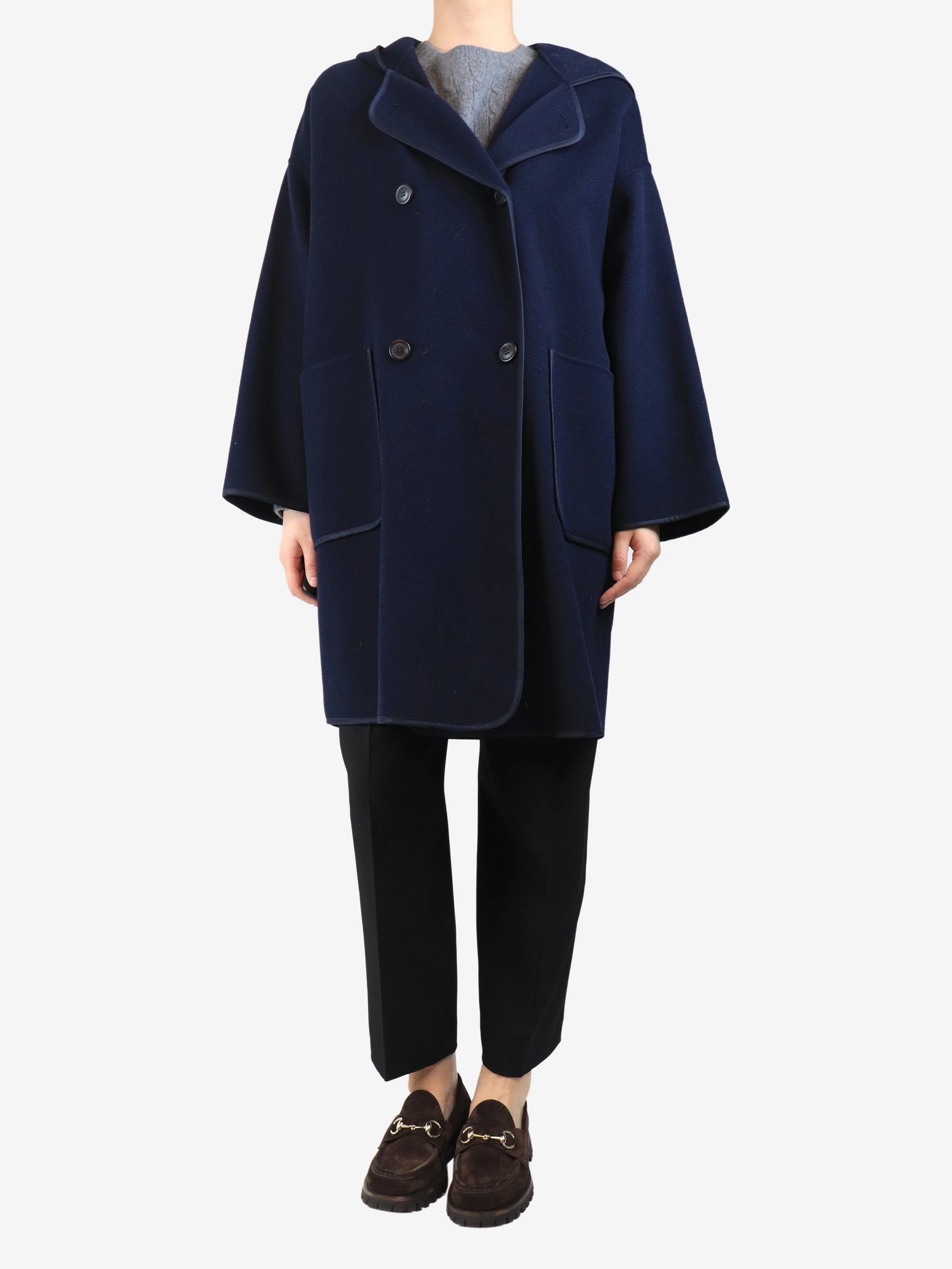 Navy hooded wool coat - size UK 8