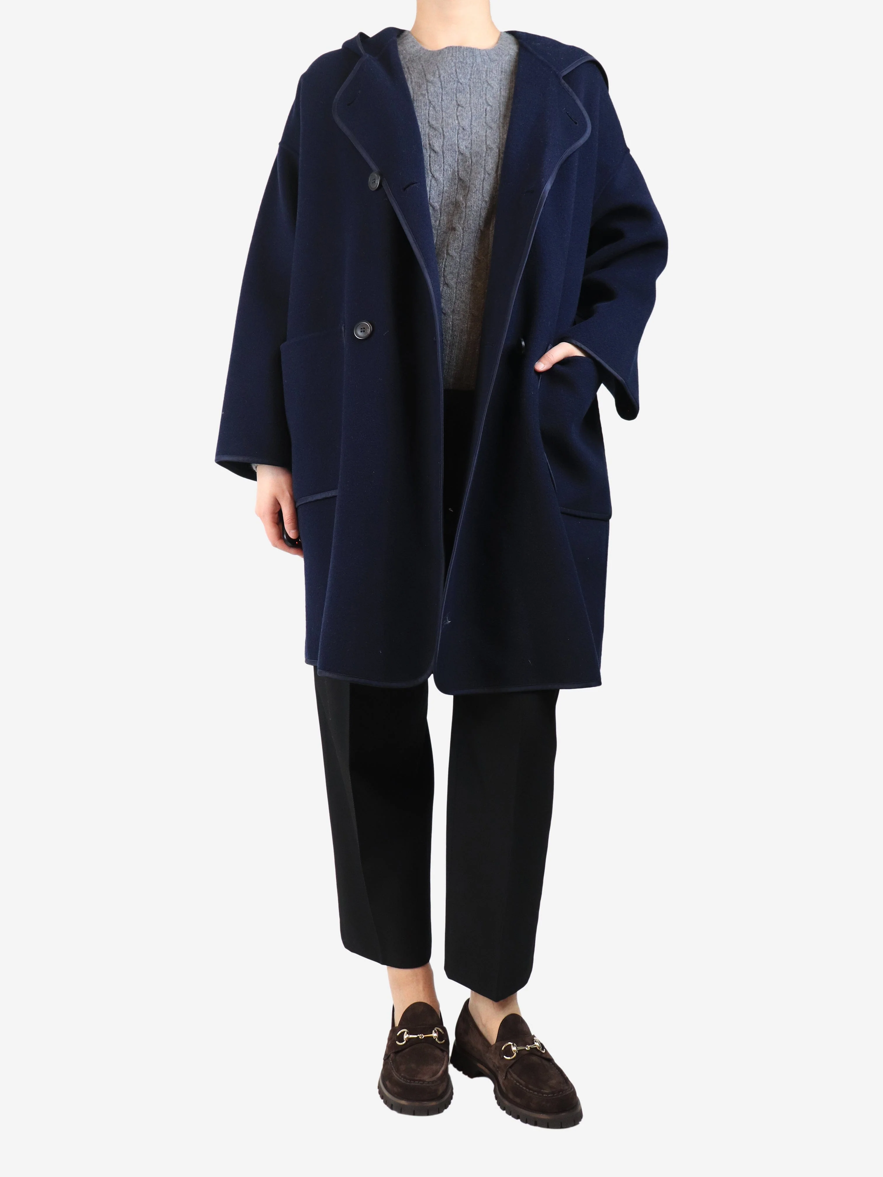 Navy hooded wool coat - size UK 8 - Image 3