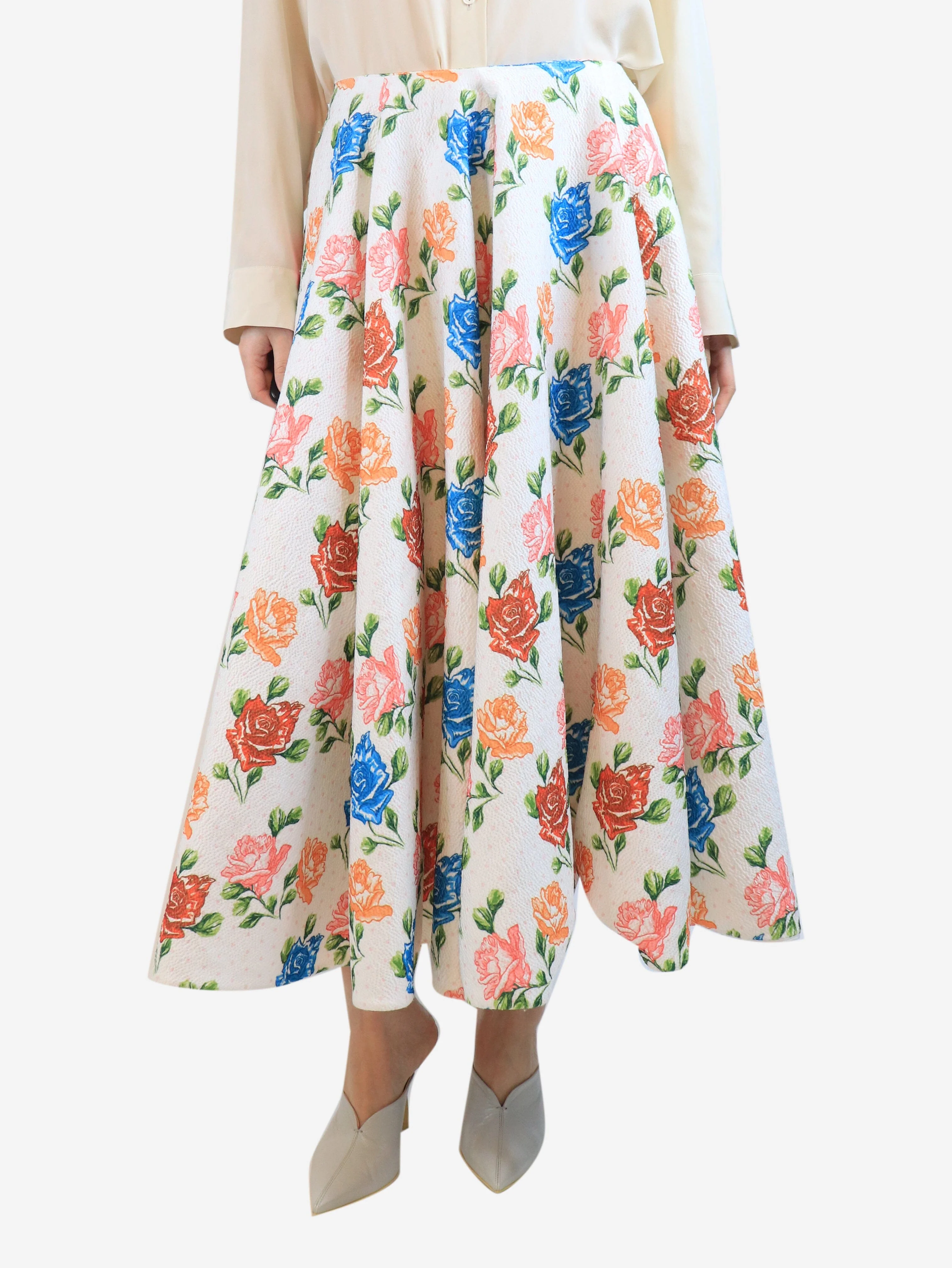 White floral A-line midi skirt - size UK 12