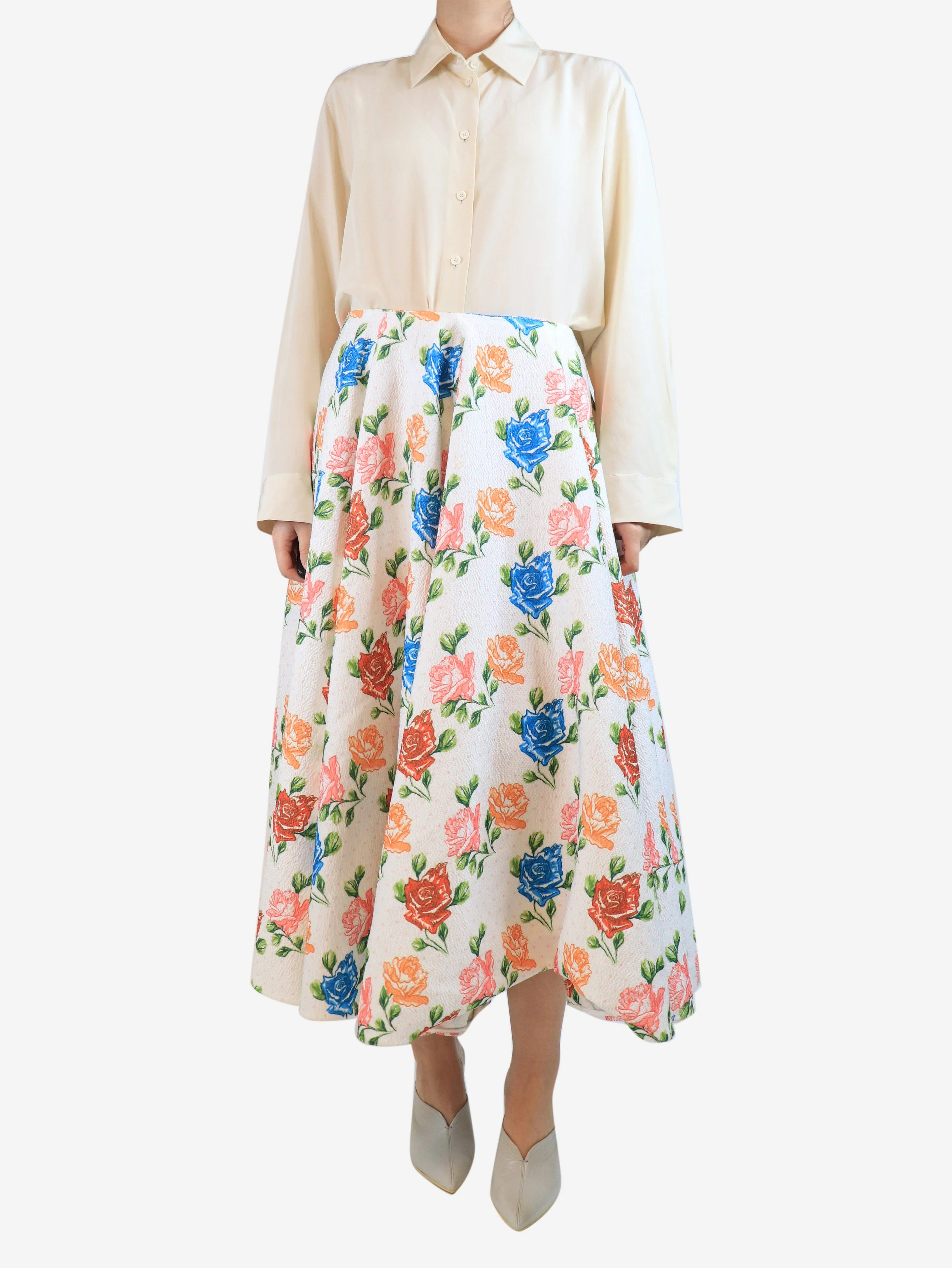White floral A-line midi skirt - size UK 12 - Image 2
