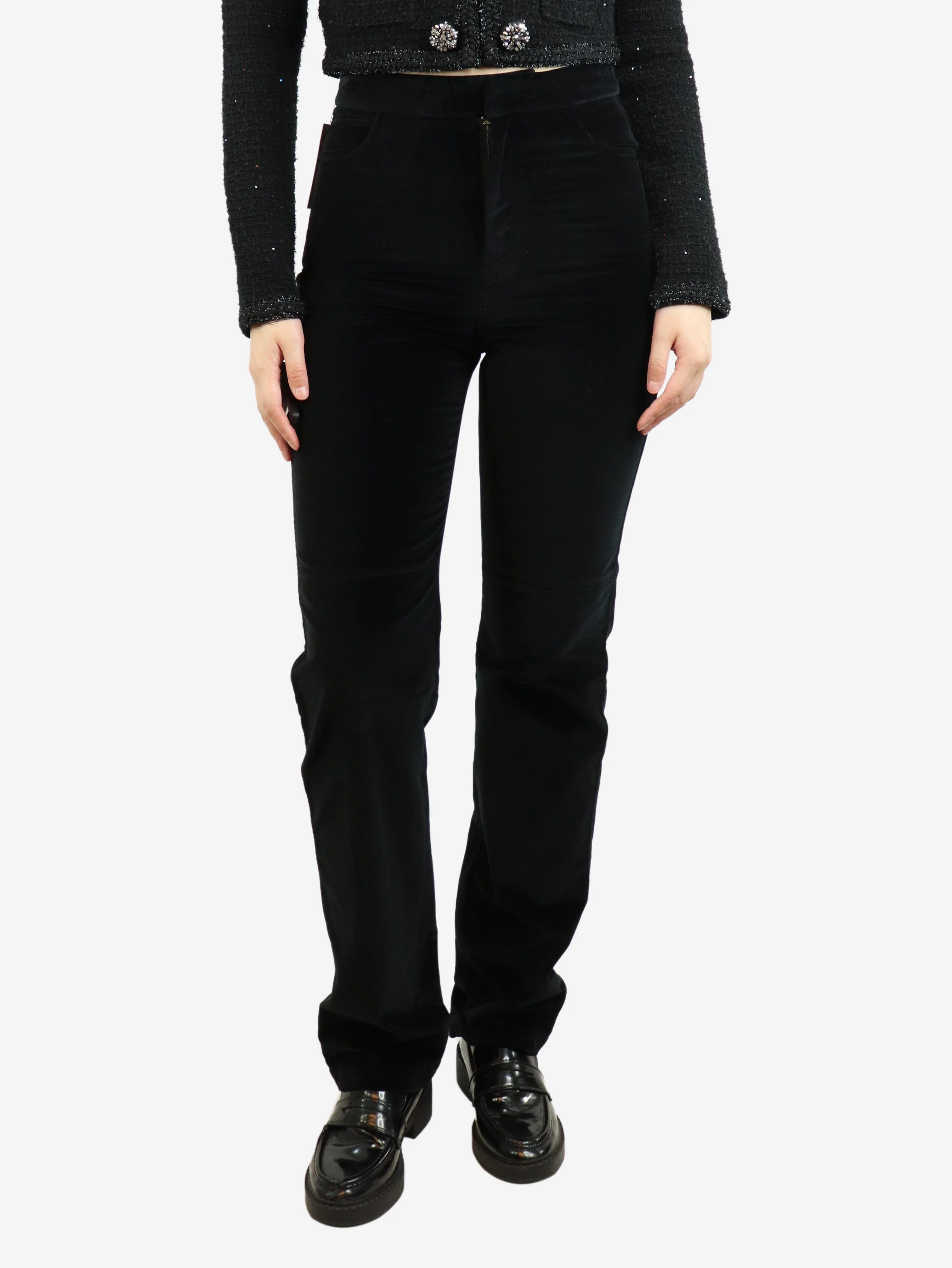 Black velvet straight-leg trousers - size S