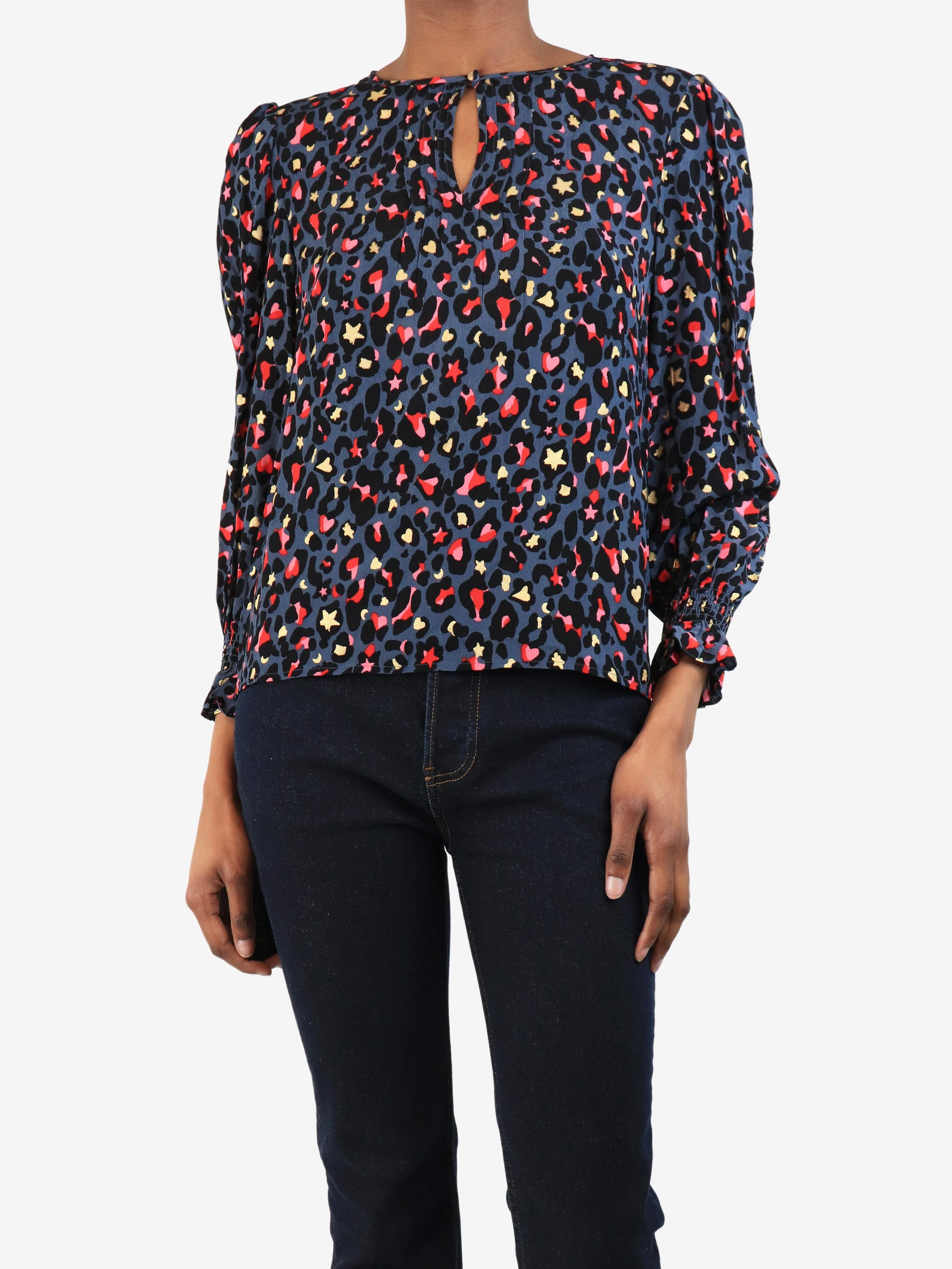 Blue leopard print blouse - size UK 6