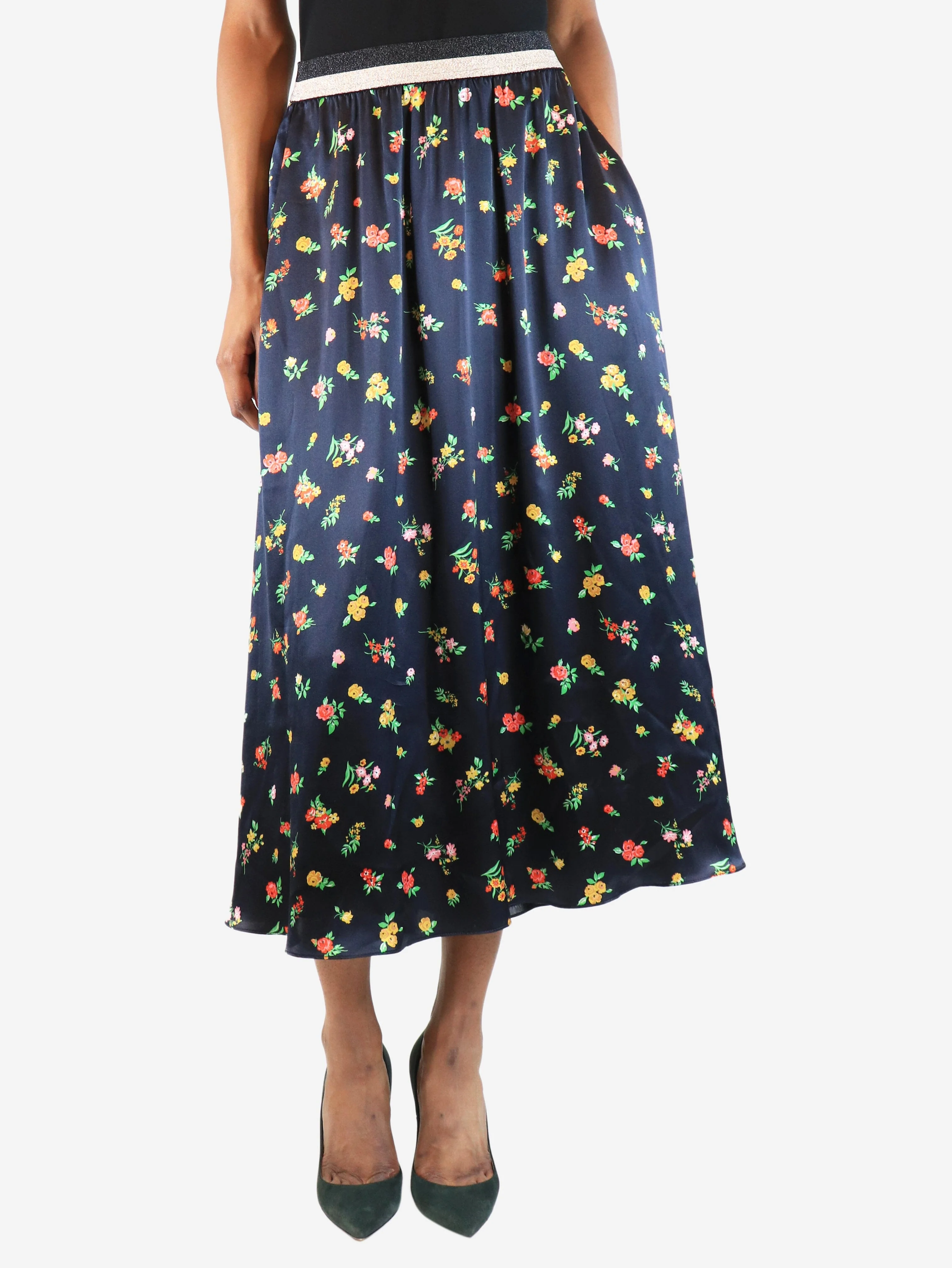 Navy Ella floral midi skirt - size UK 6