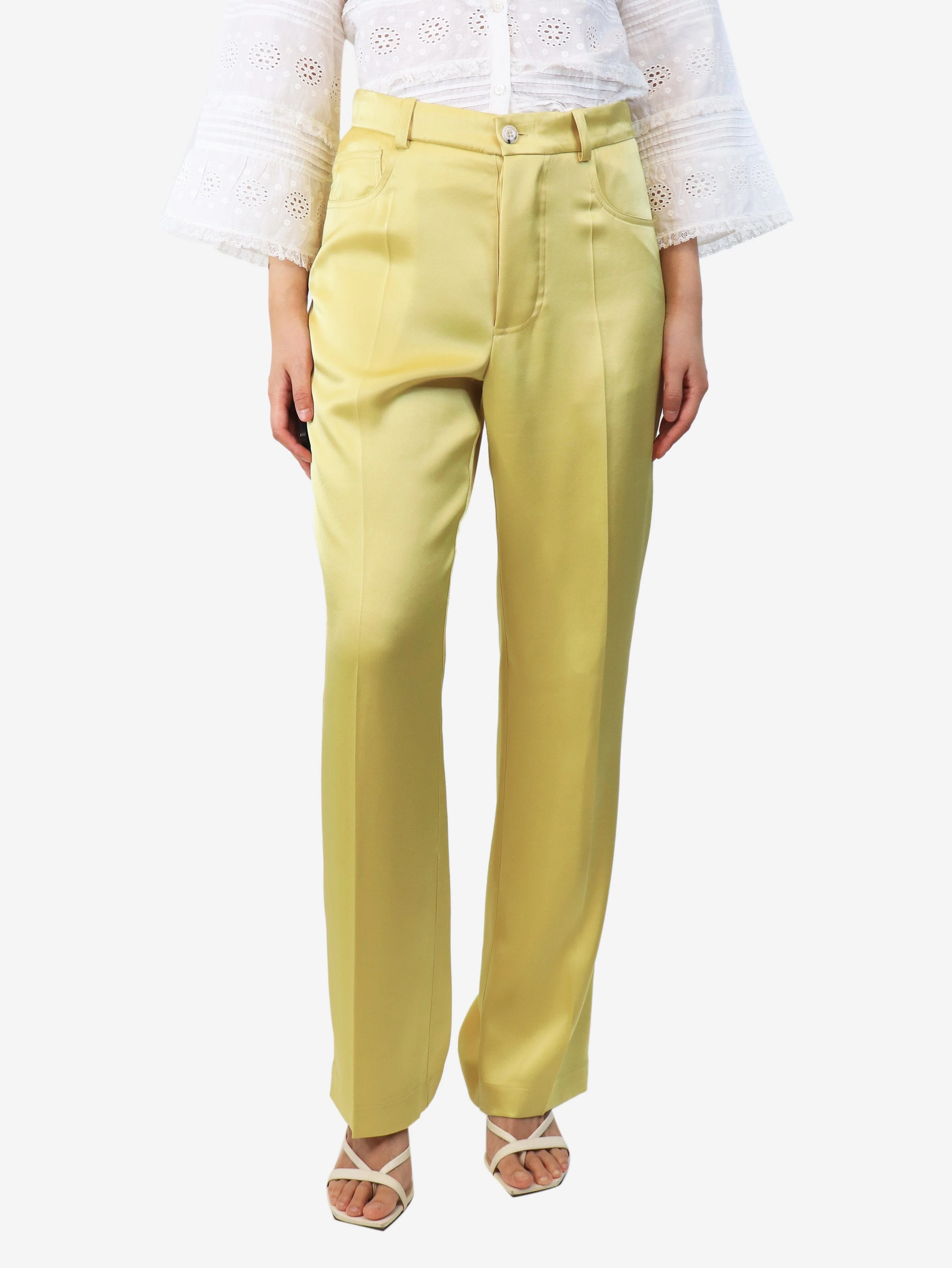 Yellow satin straight-leg trousers - size UK 10