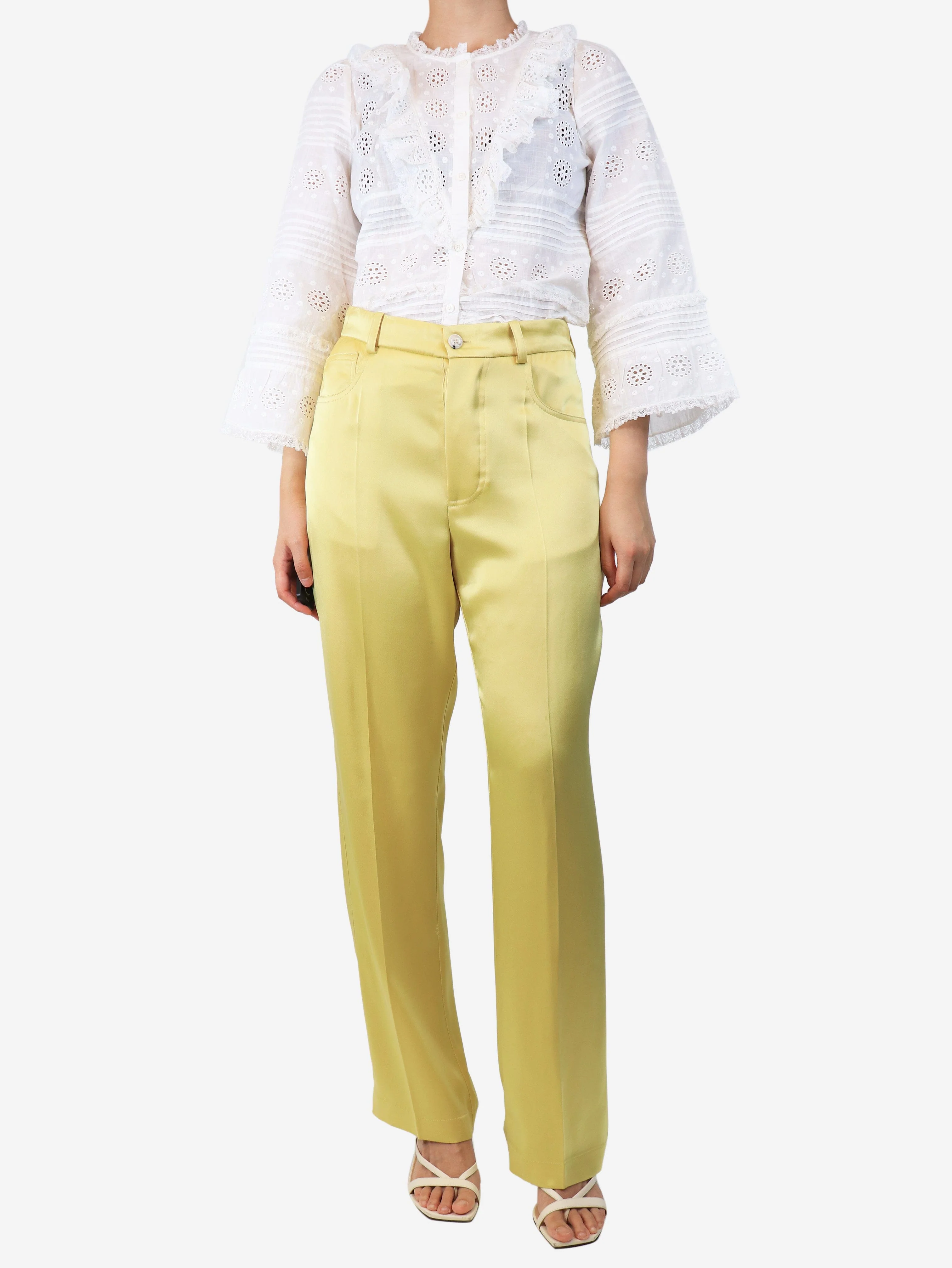 Yellow satin straight-leg trousers - size UK 10 - Image 2