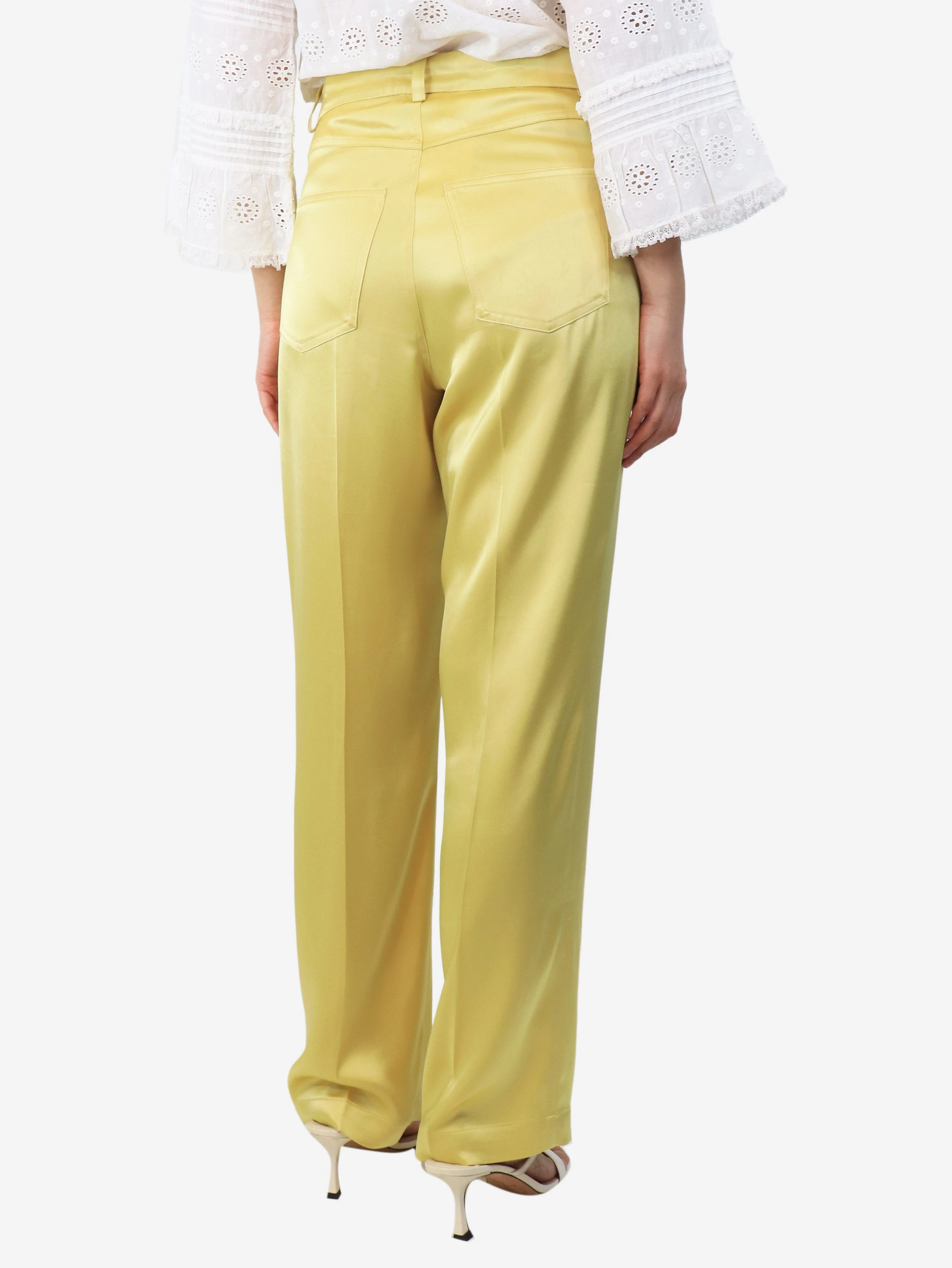 Yellow satin straight-leg trousers - size UK 10 - Image 3