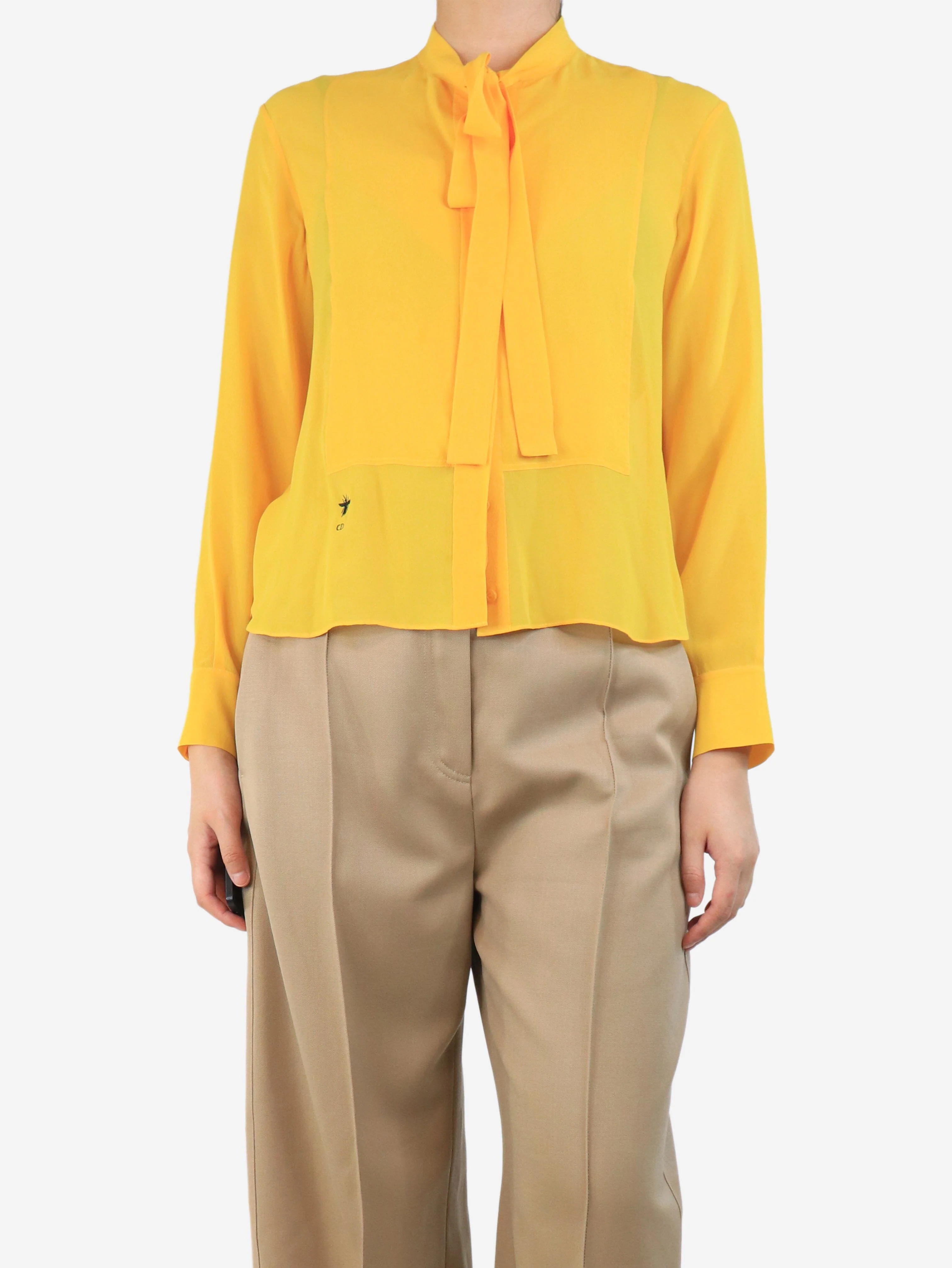 Yellow silk tie-neck blouse - size UK 8