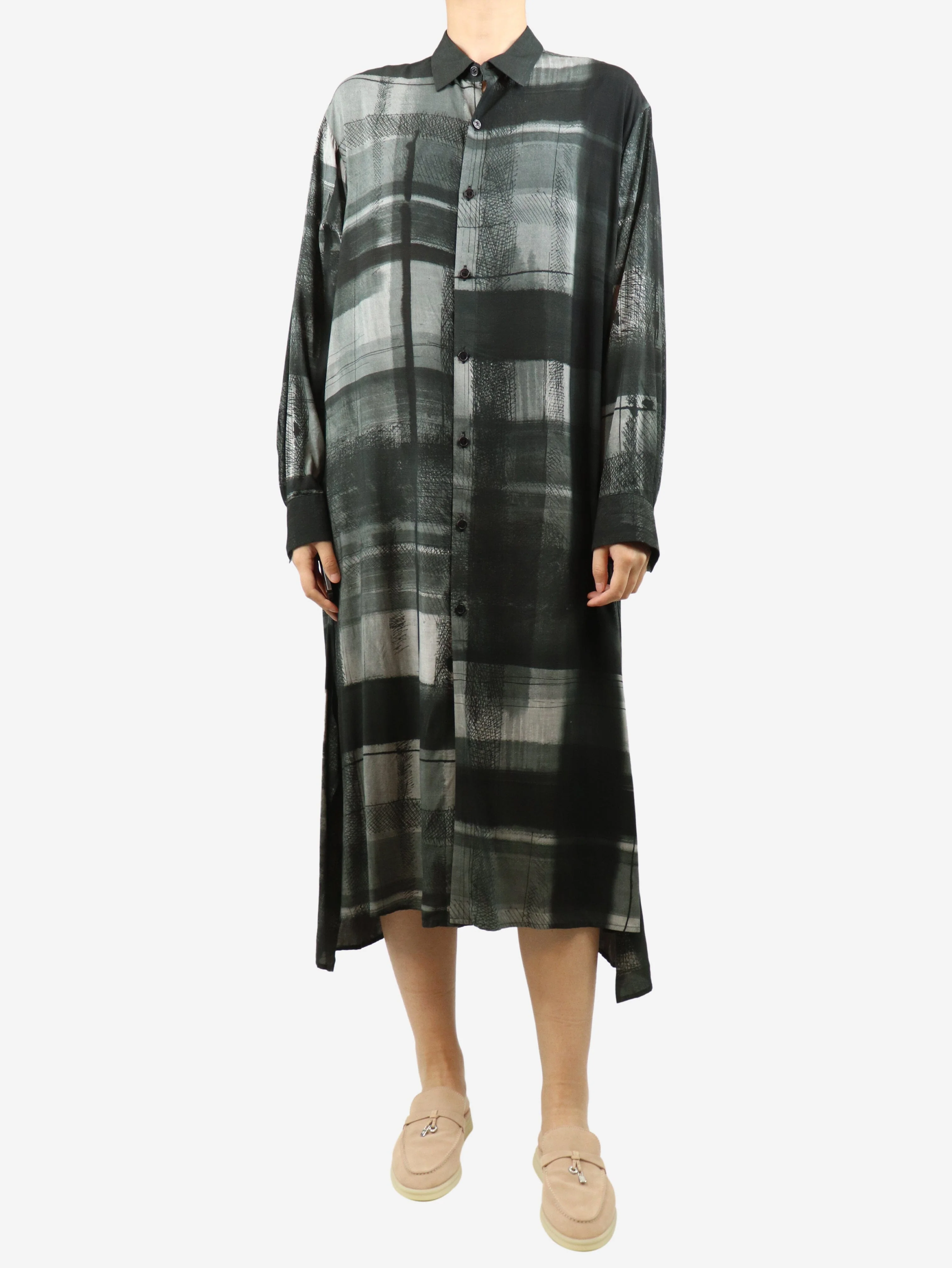 Grey printed midi shirt dress - size S