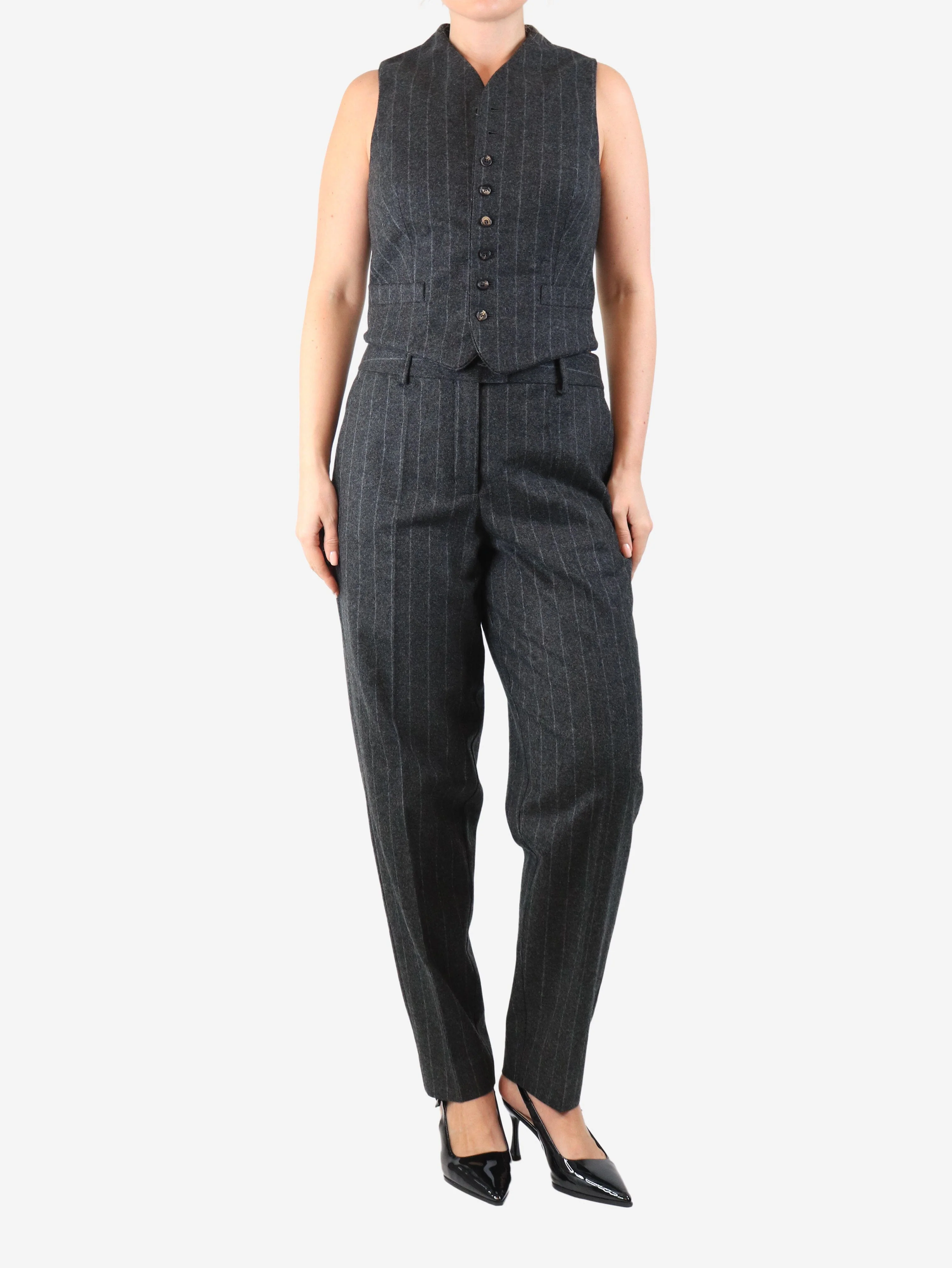 Dark grey wool pinstripe waistcoat and trouser set - size UK 10