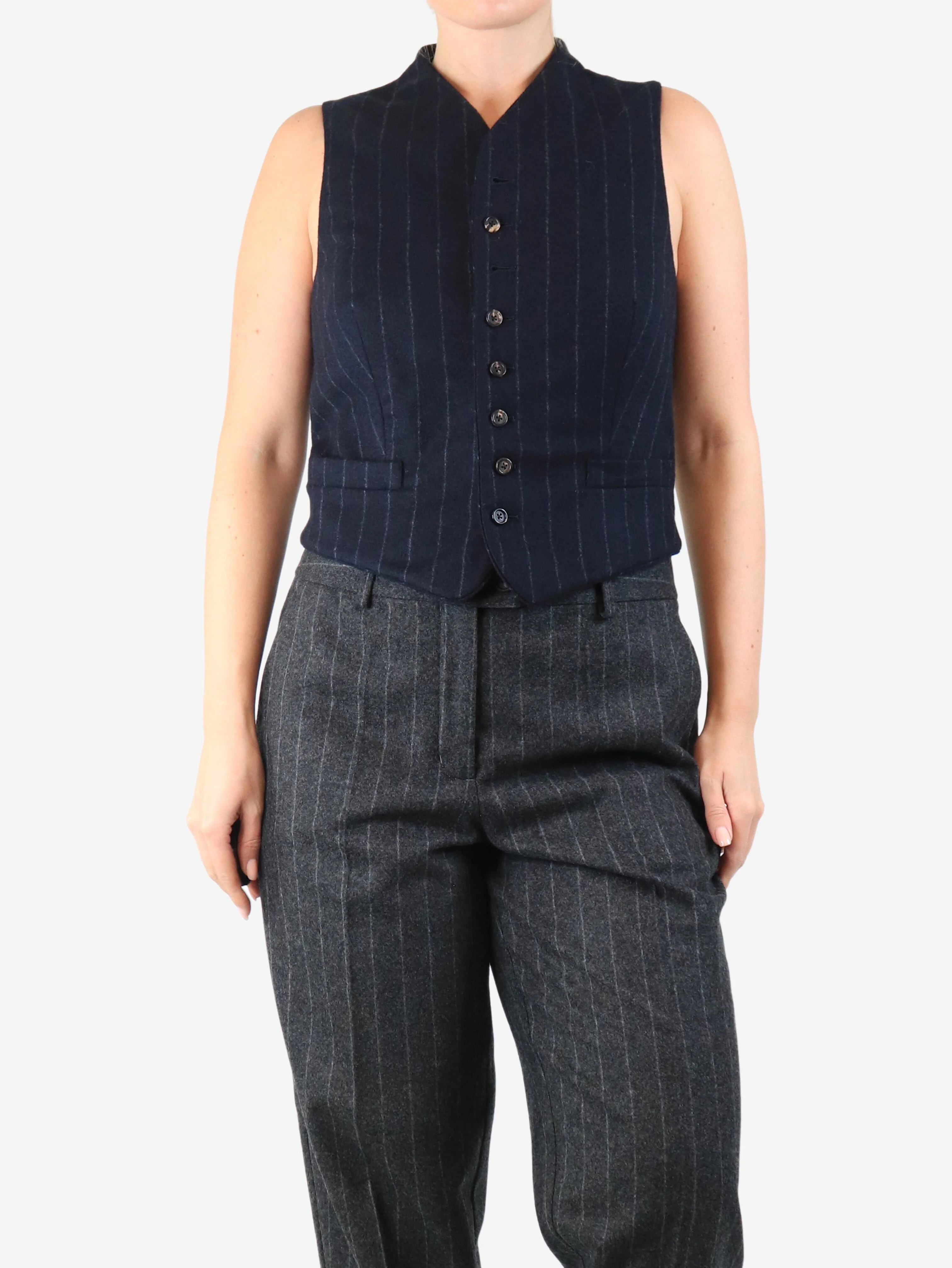 Navy blue wool pinstripe waistcoat - size UK 12