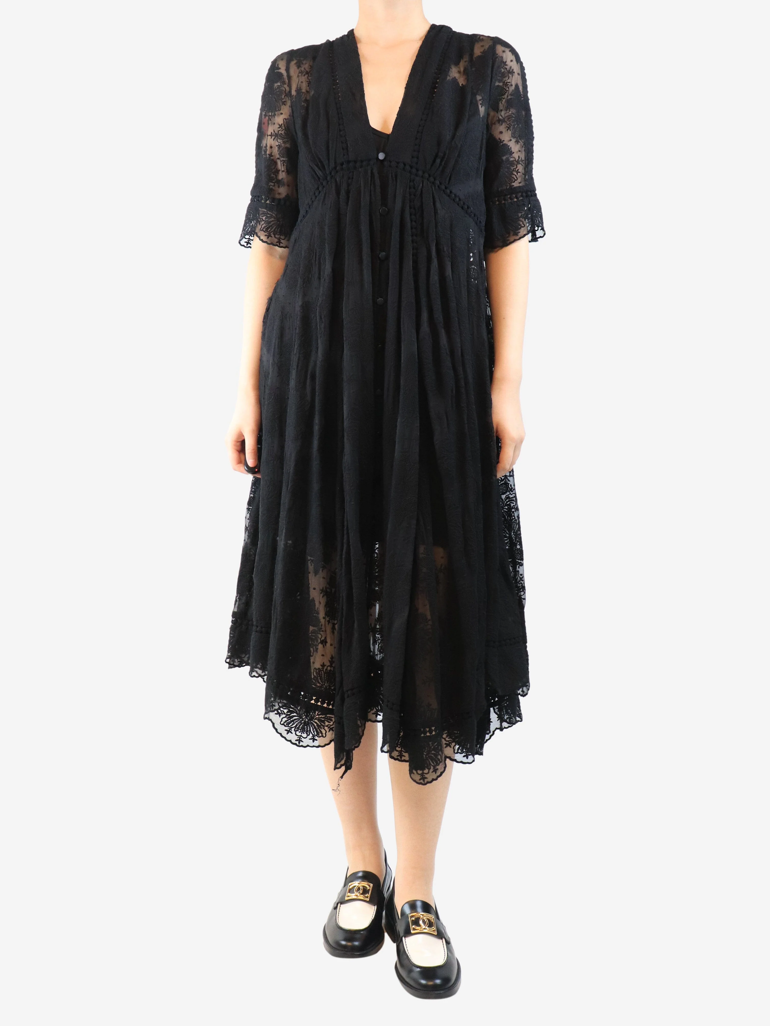 Black sheer embroidered dress - size UK 14