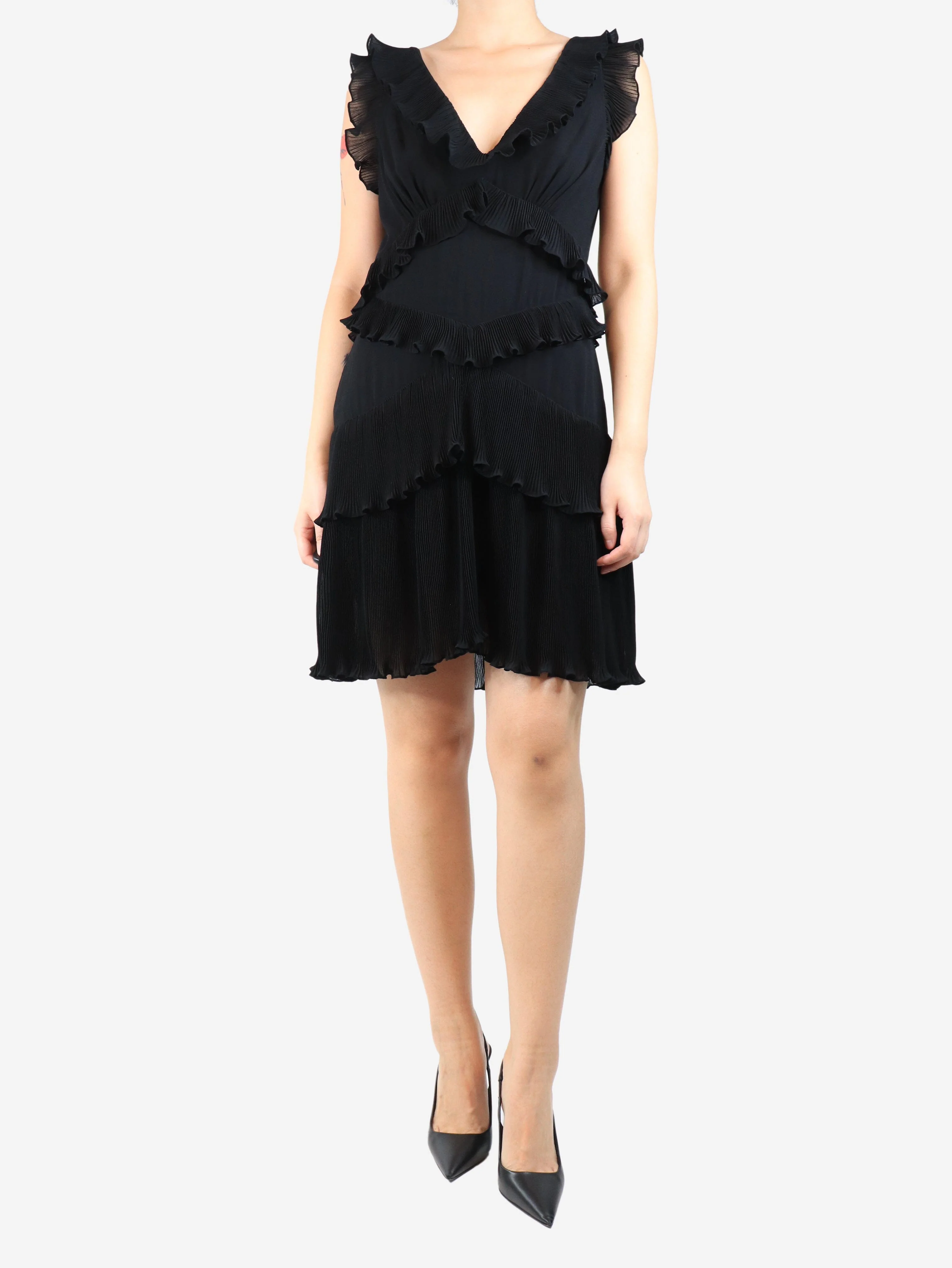 Black sleeveless frilly mini dress - size UK 12