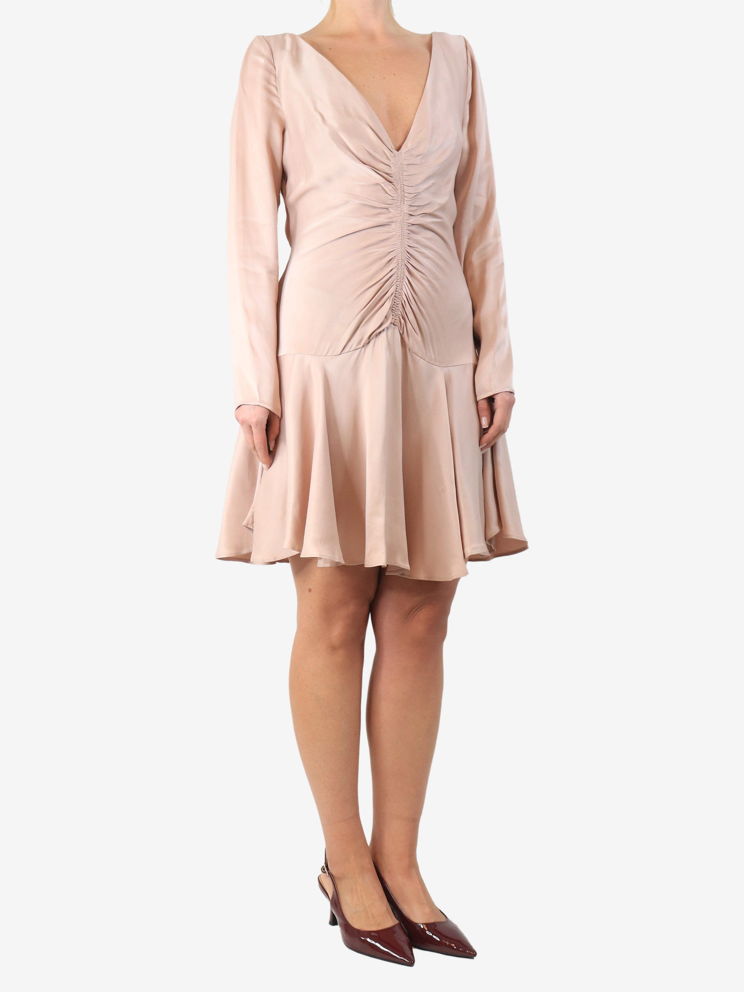 Blush satin ruched mini dress - size UK 12