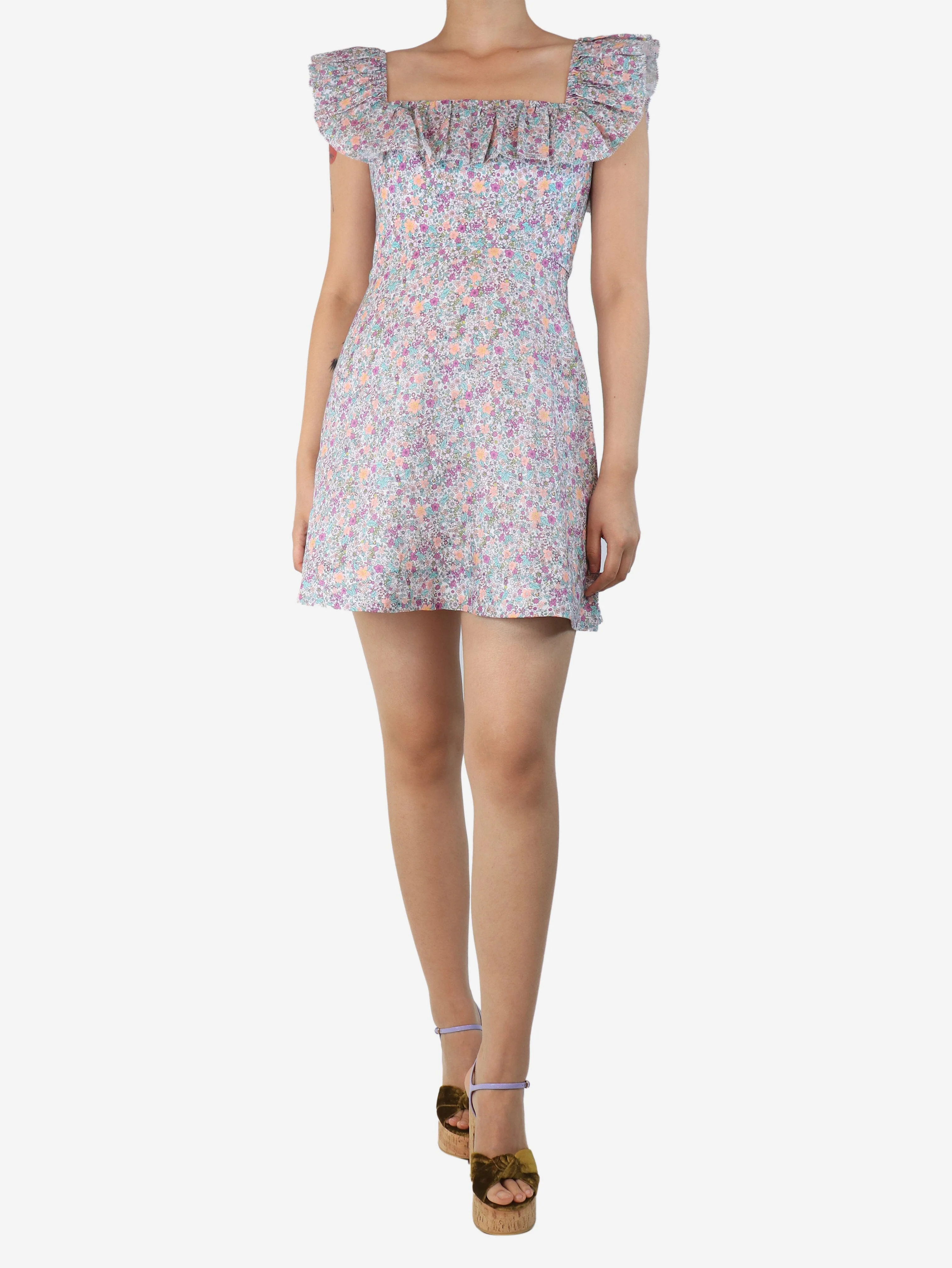Multicolour Carnaby ruffle-neck mini dress - size UK 10