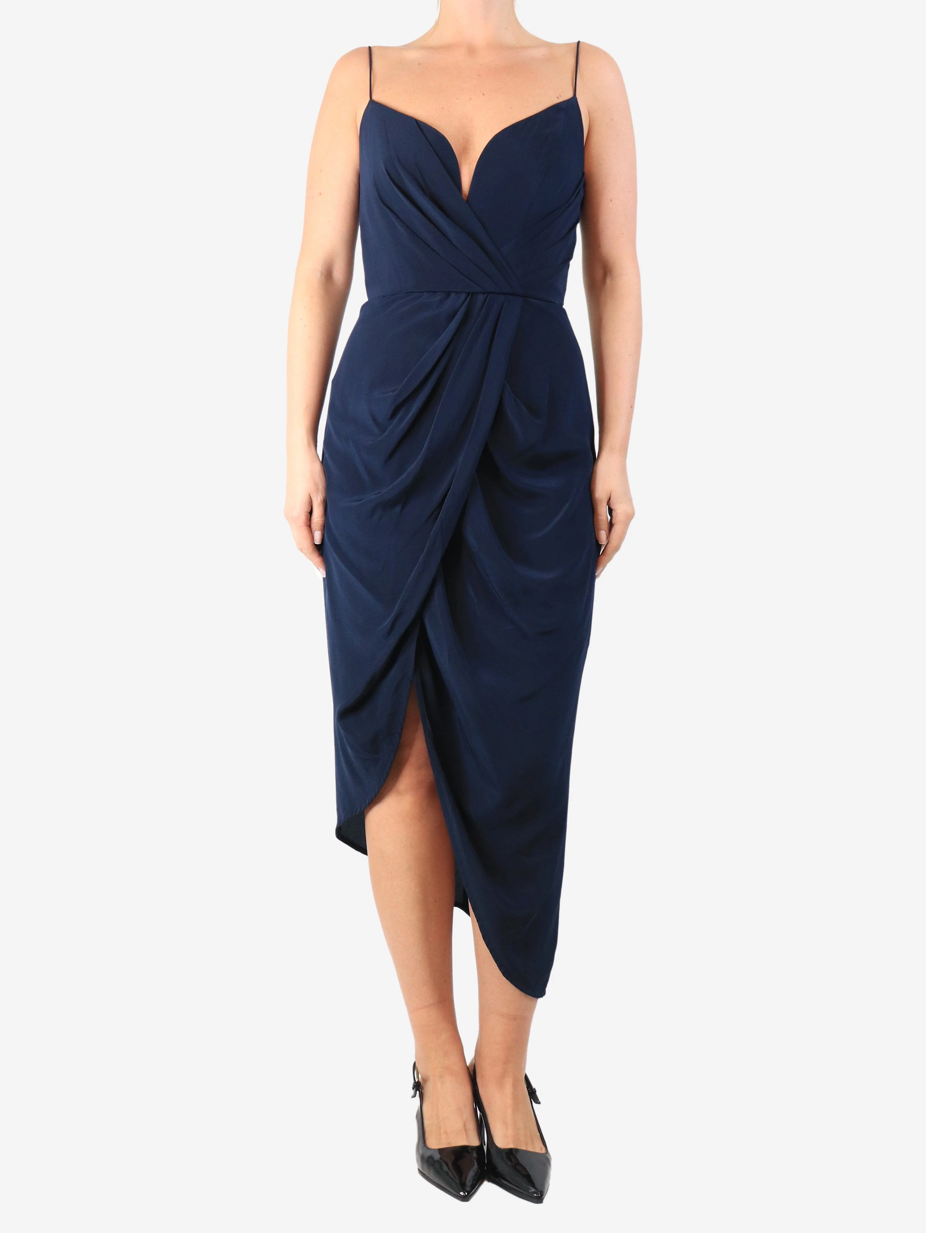 Navy silk midi dress - size UK 10