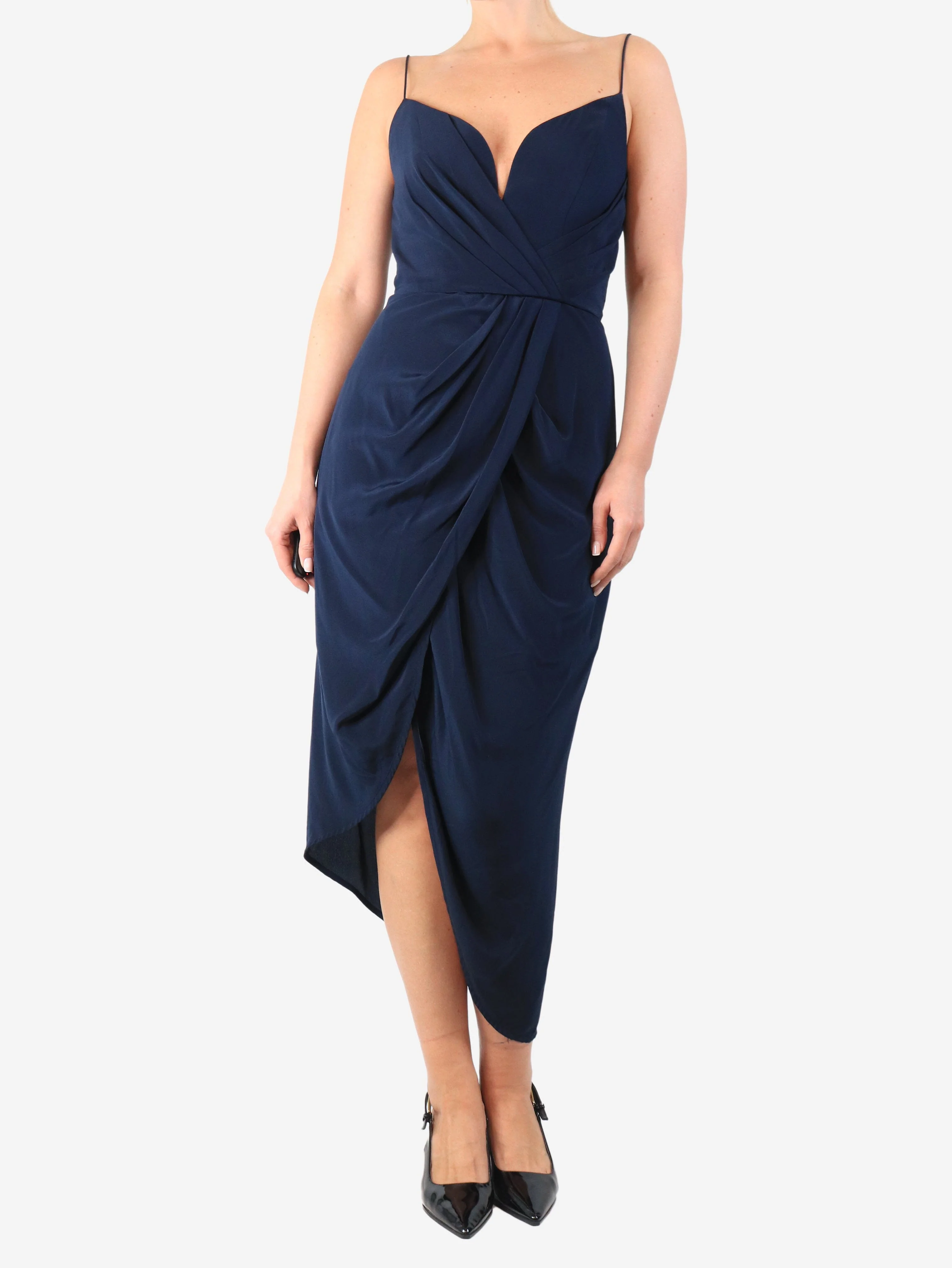 Navy silk midi dress - size UK 10 - Image 3
