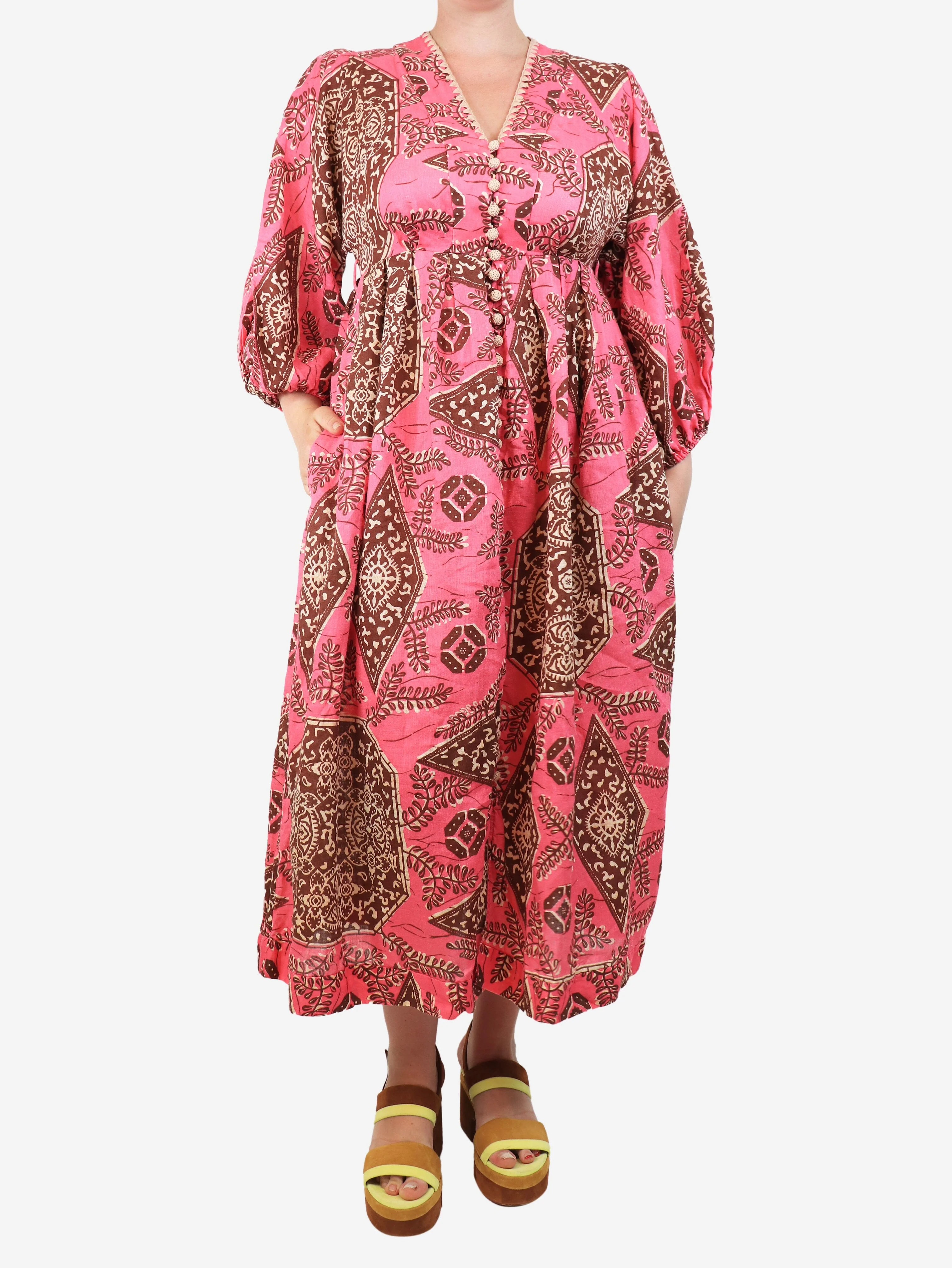 Pink and brown printed maxi dress - size UK 12