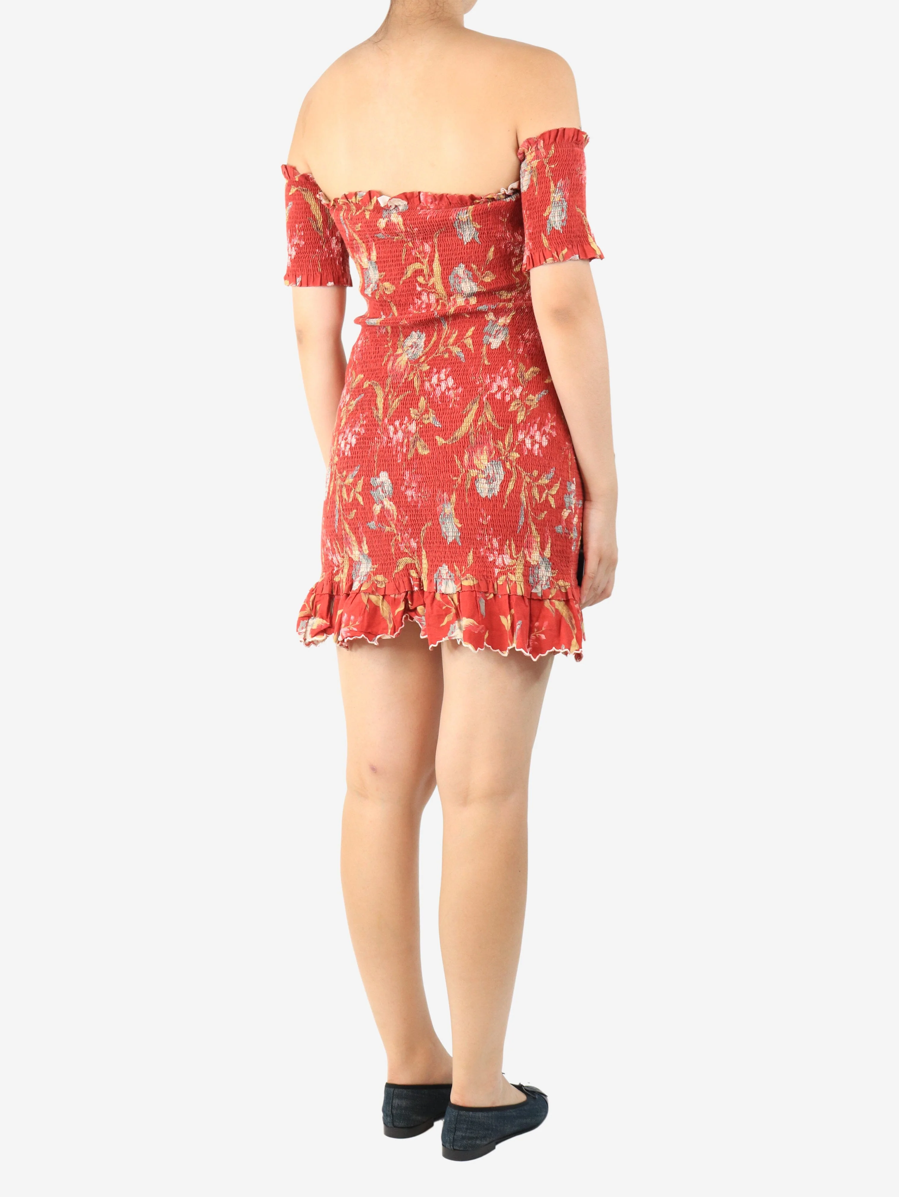 Red shirred floral mini dress - size UK 10 - Image 2